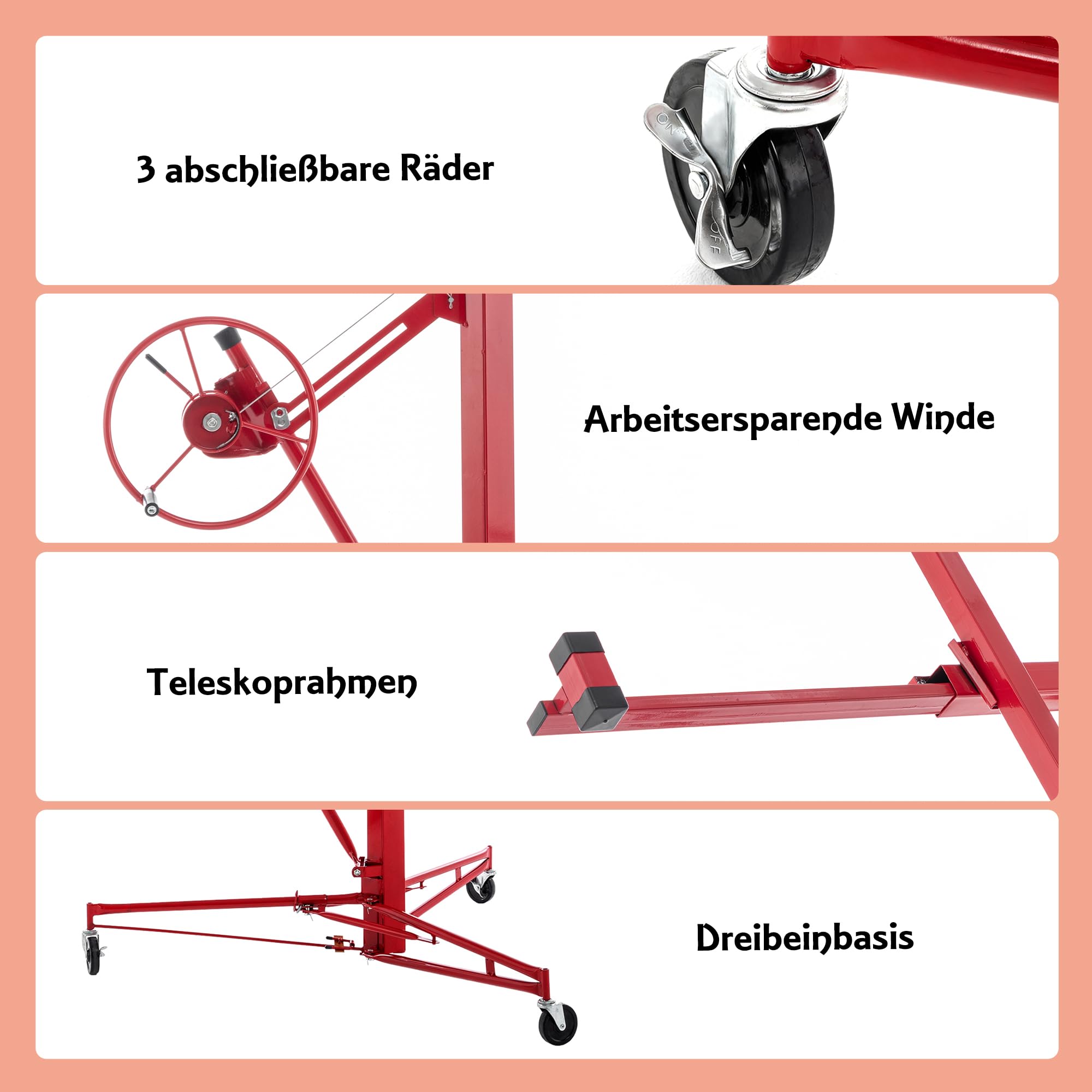 XXL Plattenheber Traglast bis 68 kg Arbeitshöhe 140-350 cm Max. Breite 2,90 m, 1-Mann-Bedienung Trockenbau Montagehilfe Mit 3 Bremse-Rädern für Innenausbau Rot