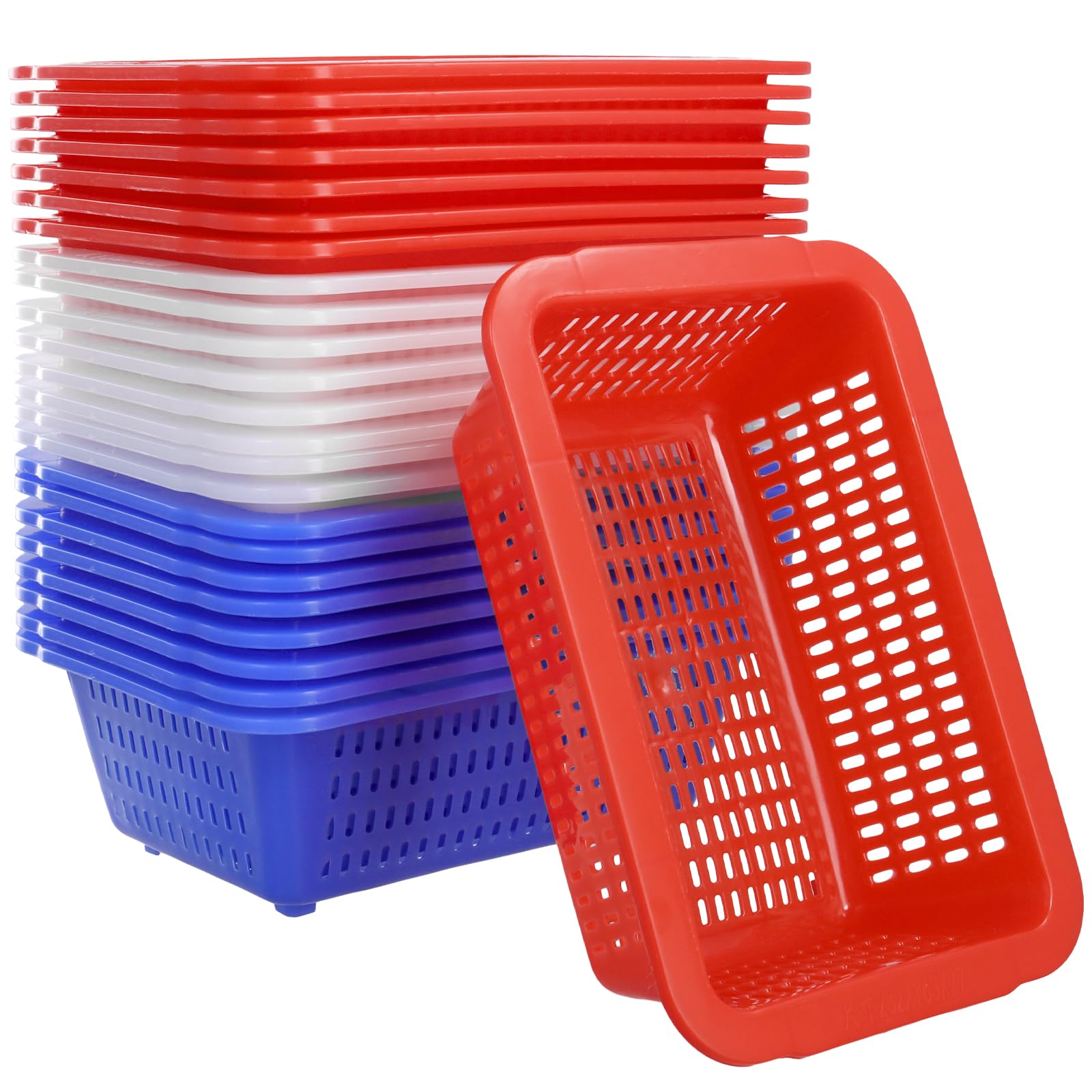 FUNSUEI 24 Cestini Portaoggetti in Plastica, 3 Colori Blu Rosso e Bianco, Contenitori Organizer per Scrivania, Matite, Carta, Casa e Ufficio, 23 x 16 x 7 cm