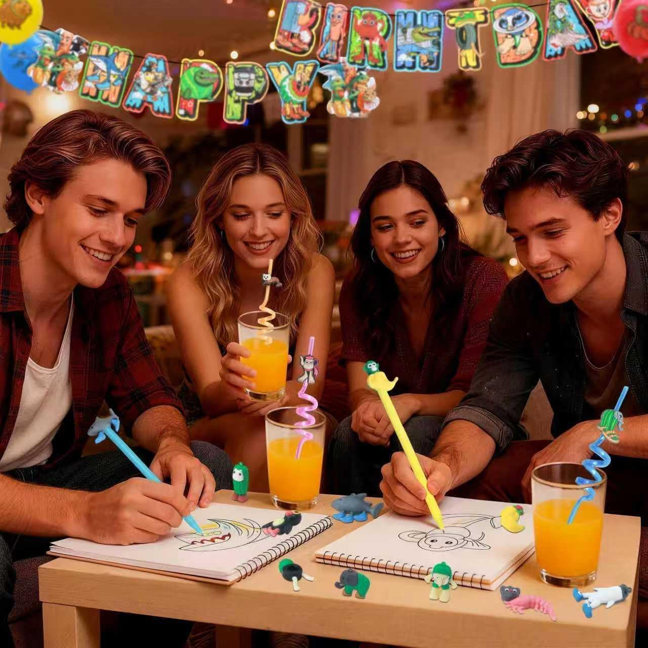 J6&H6 Italian Brainrot Party Bundle 60pcs Brainrot Party Favors , Included Gift Bags, Bendable Reusable Straws, Brain rot Element Stickers, and Brain Rot Series Pens, for Party Favor