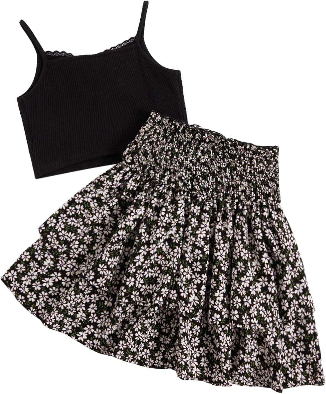 Girl's 2 Piece Outfits Lace Ruched Camisole Tops and Shirred High Waisted Layered Floral Skirts Set - Image 2