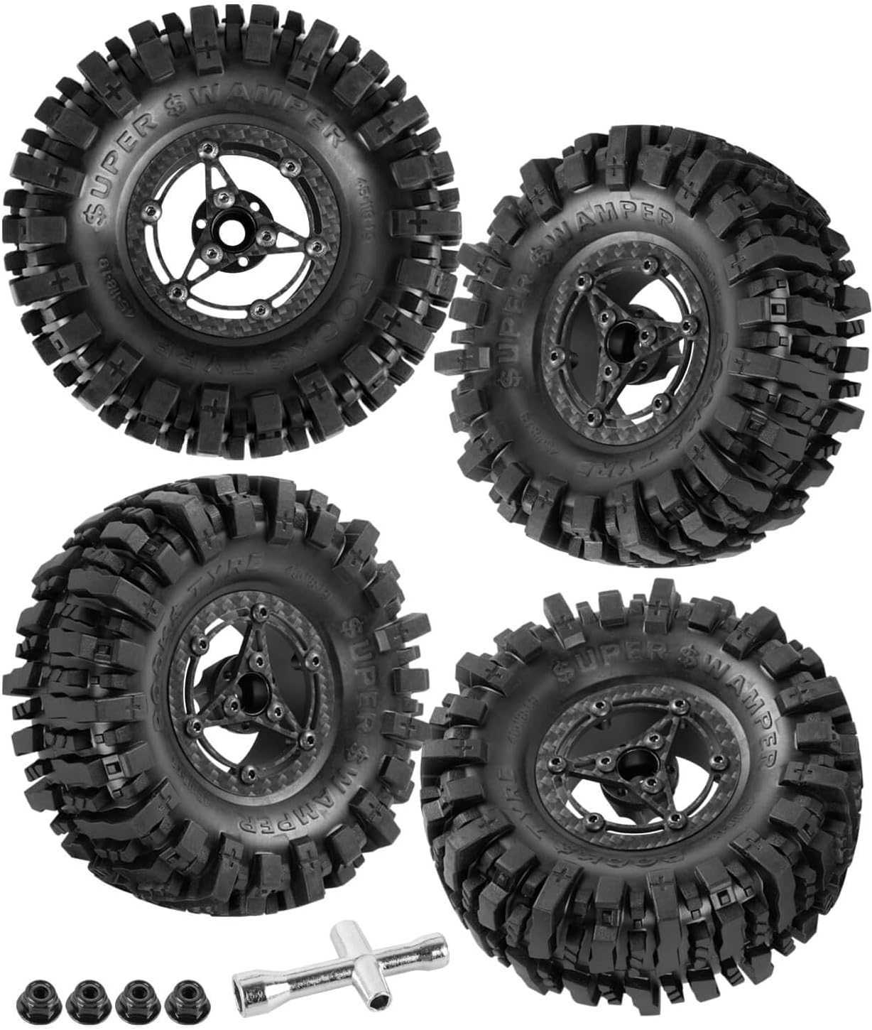 RC 1.9In Wheels Tires Carbon Fiber faceplate for 1/10 SCX10 I II III 90046 TRX4 TRX6 AXI03007 VS4-10 Gen8 MST CFX D90 Capra RC Crawler Car,1.9In Beadlock Wheels (Black-A)