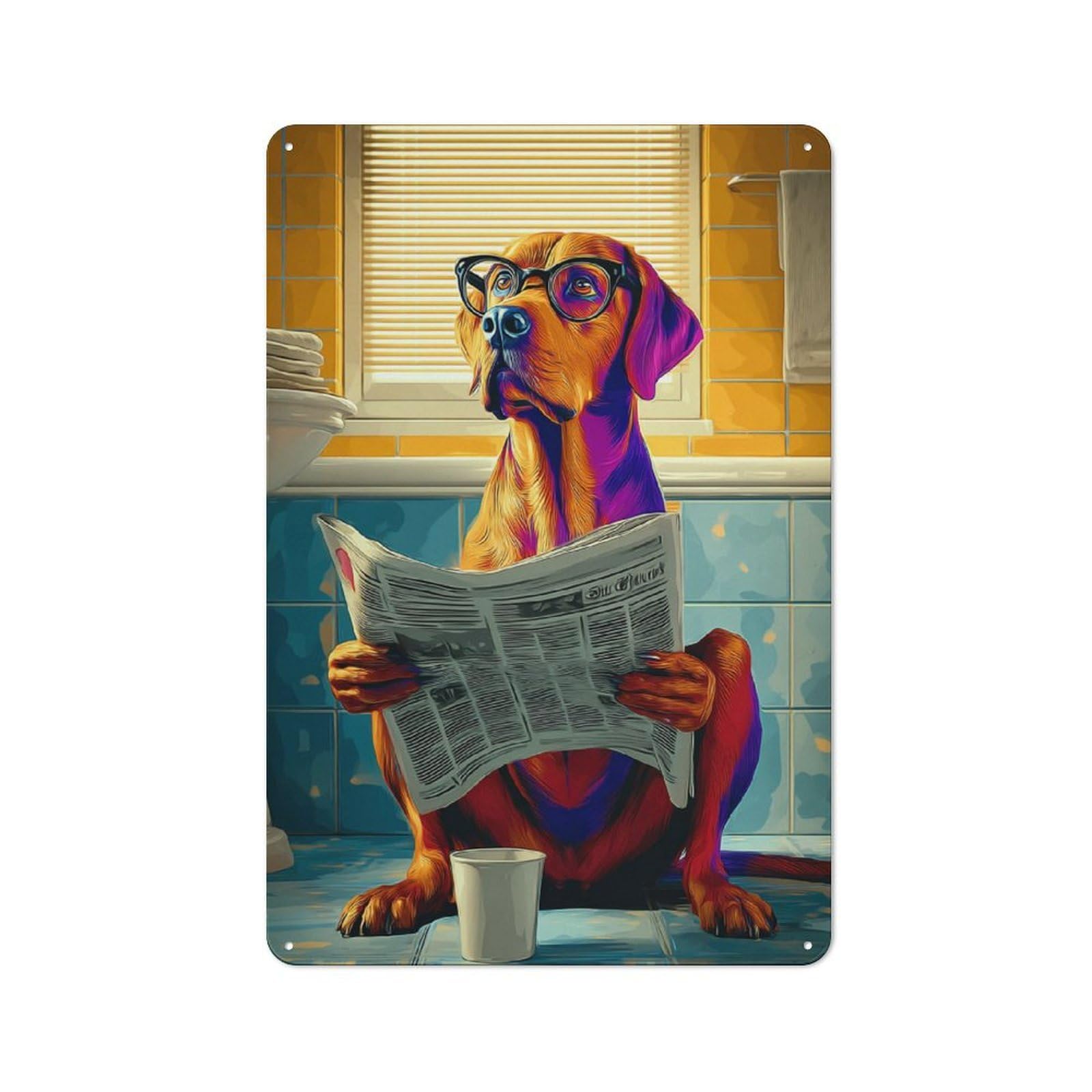 Junmoney Dog Reading Newspaper In Bathroom -2 Metal Wall Plaque With Design 30X20cm, Retro Small Space Decor For Flat, Dorm Room, Lounge Or Cafe