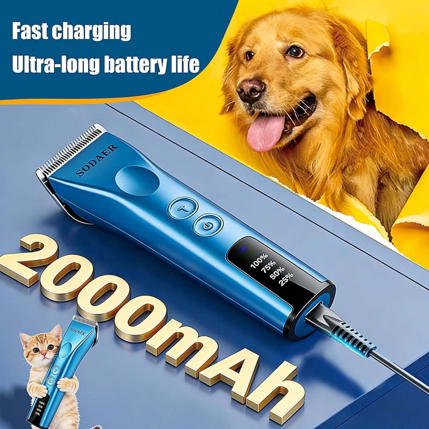 Professional Animal Pet Dog Cat and Horse Cordless Hair Clipper Grooming Kit with 5 in 1 Blade Low Noise & High Power Rechargeable Cordless Pet Grooming Clipper for for Thick Heavy Coats,Blue
