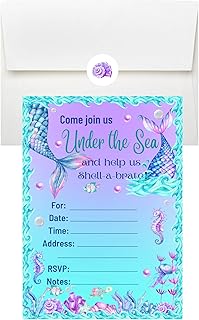 LM STUDIOZ Mermaid party invitations for all occasions with envelopes and stickers (10) pack 30 pcs total, Kids Birthday party invitations, Kids Birthday party invites, Girl party invitations, Under the sea party theme, seahorse party, Baby shower invitations, Girl party invitations, Water party, Pool party, (4-1/4" x 5-1/2", Birthday, Mermaid theme)