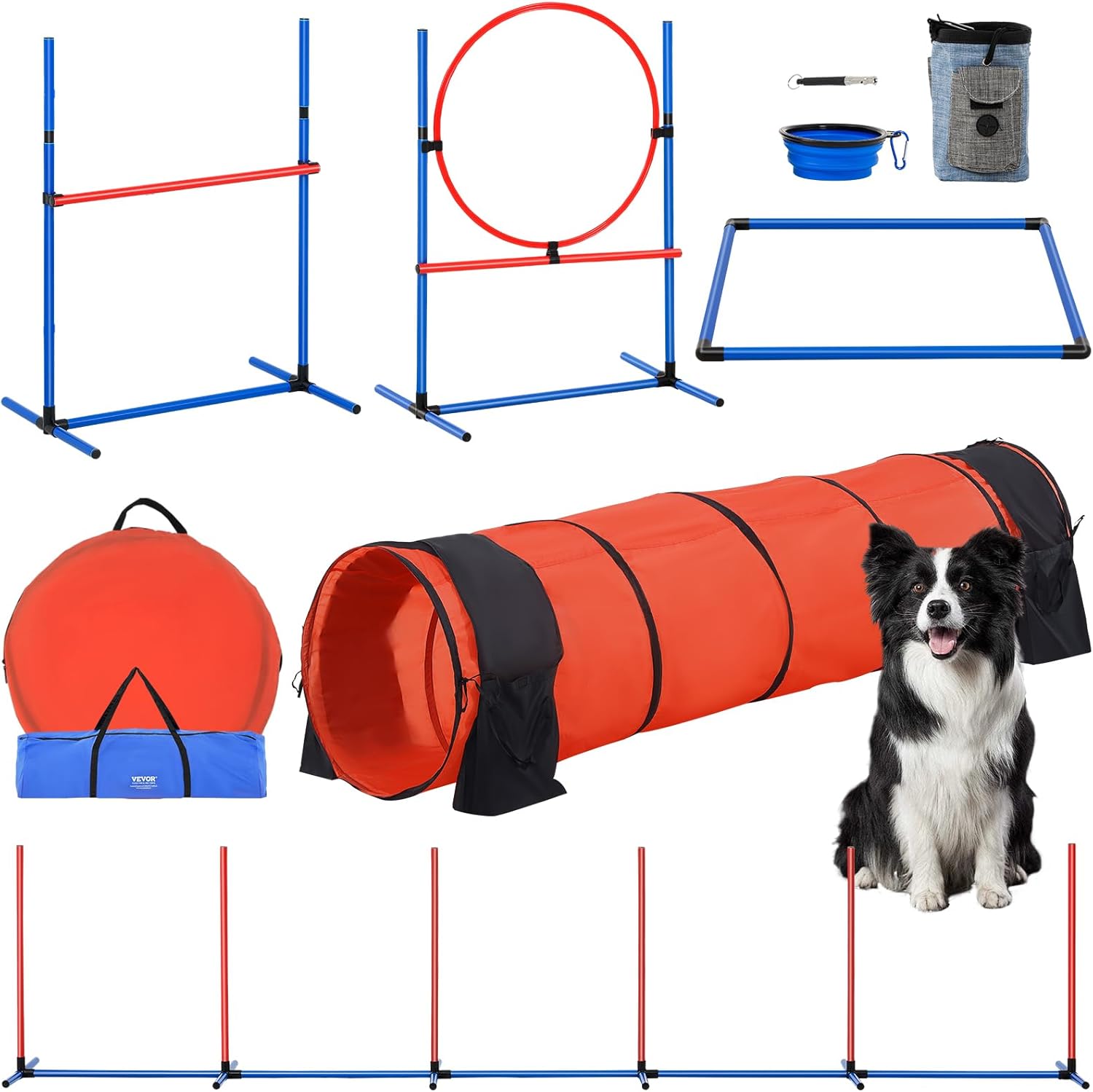 VEVOR Dog Agility Training Equipment, Dog Obstacle Course Backyard Set with Adjustable High Hurdles,6 Weave Poles,Extended Tunnel,Jump Ring,Pause Box,Whistle Foldable Bowl Training Pouch Storage Bag