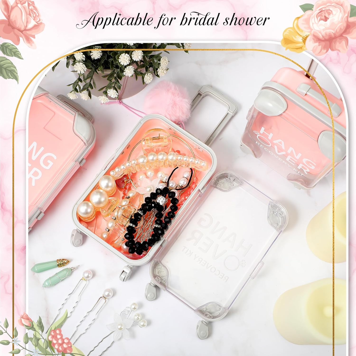 Sweetude 12 Set Hangover Recovery Kit Suitcase Mini Luggage Girls Trips Bachelor Party Favors Bridal Shower Bridesmaid Emergency Kit Pink Fluffy Ball Wedding Favors for Bachelorette Party