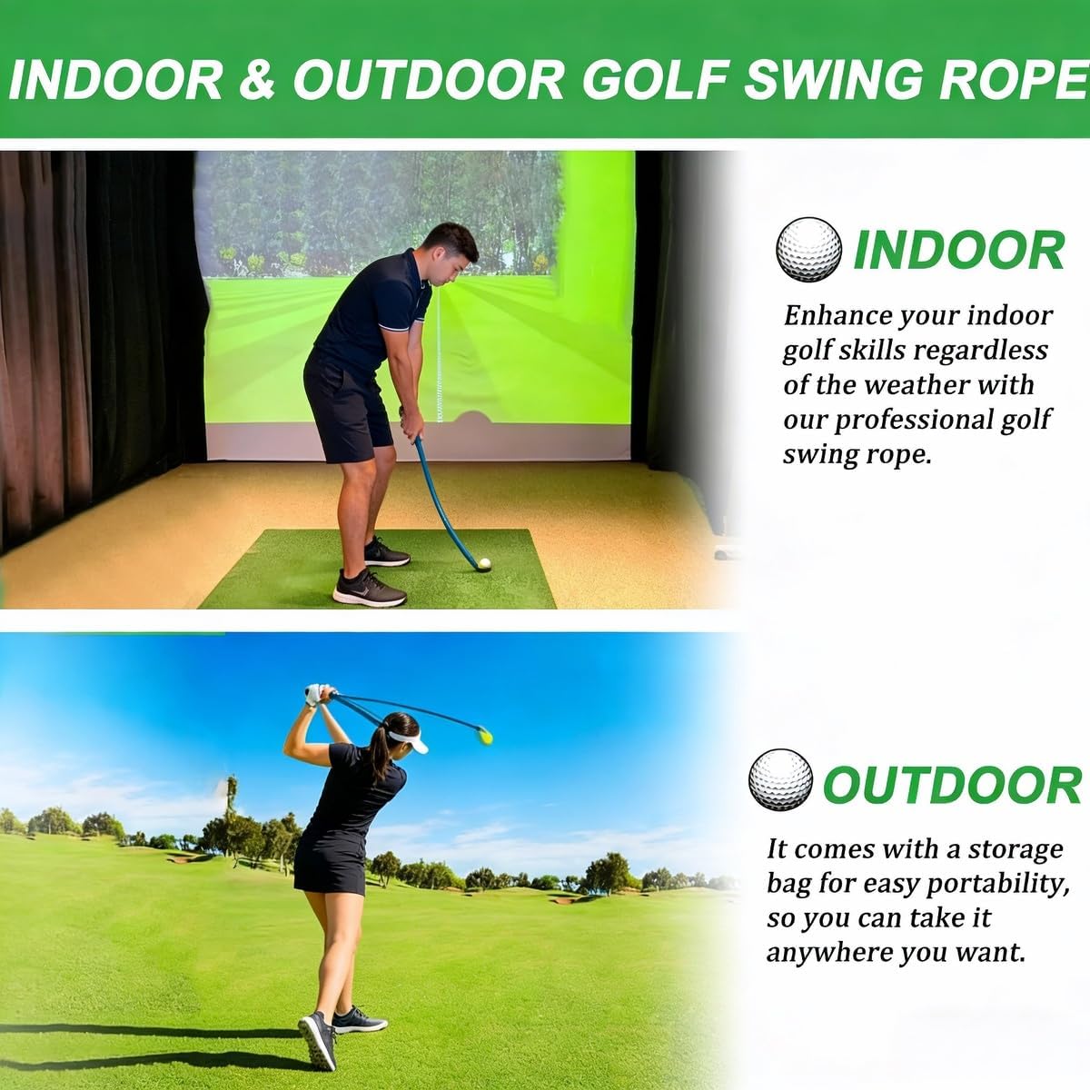 Golf Pro Alignment Training Aid, Blue Braided Rope with Black Grip, Golf Swing and Putting Practice Tool, Posture Correction Equipment with Yellow Ball