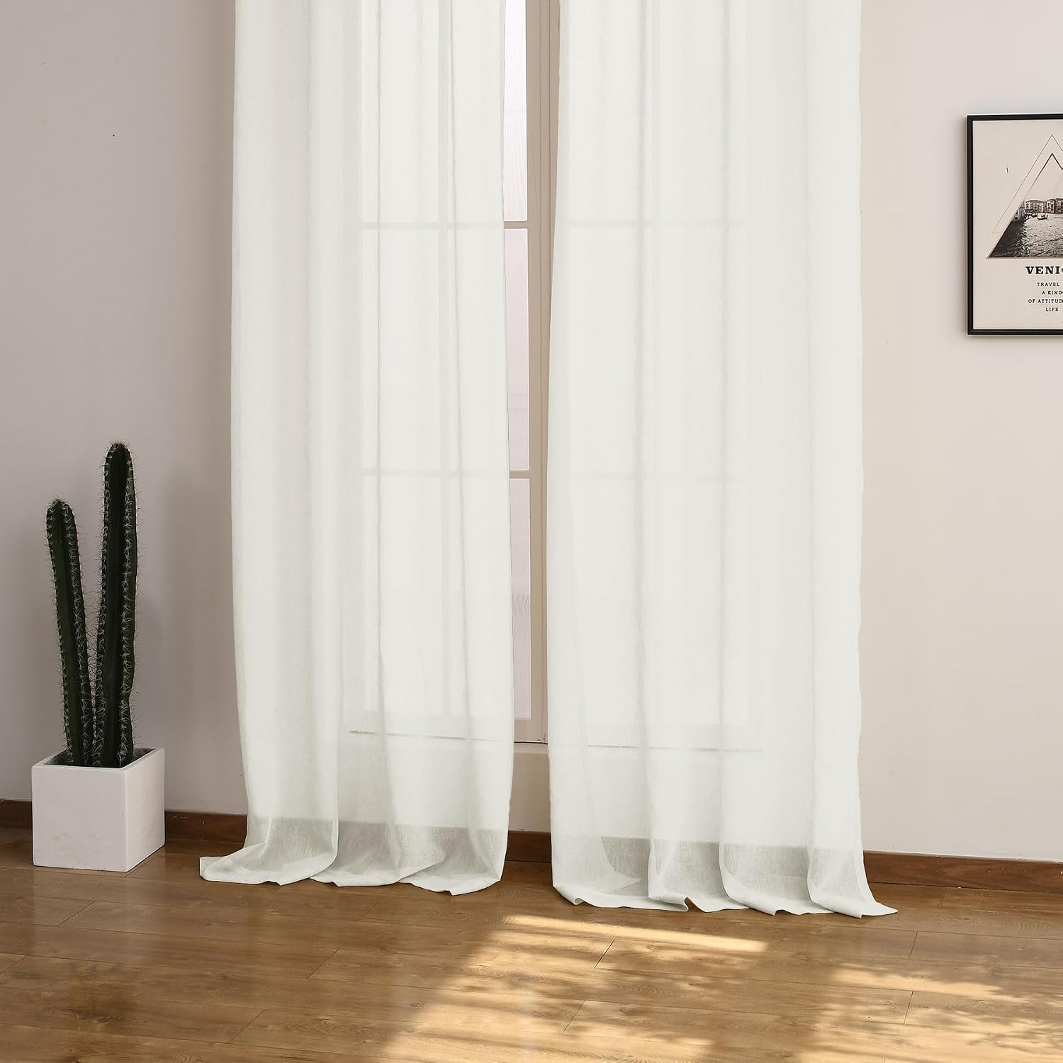 Macochico White Sheer Curtains Linen Texture Privacy Drapery Light Filtering Panels Voile Sheer Gauze Drapes for Bedroom Living Room Nursery Grommet Curtain with Tieback 52" Wx63 L 1 Panel