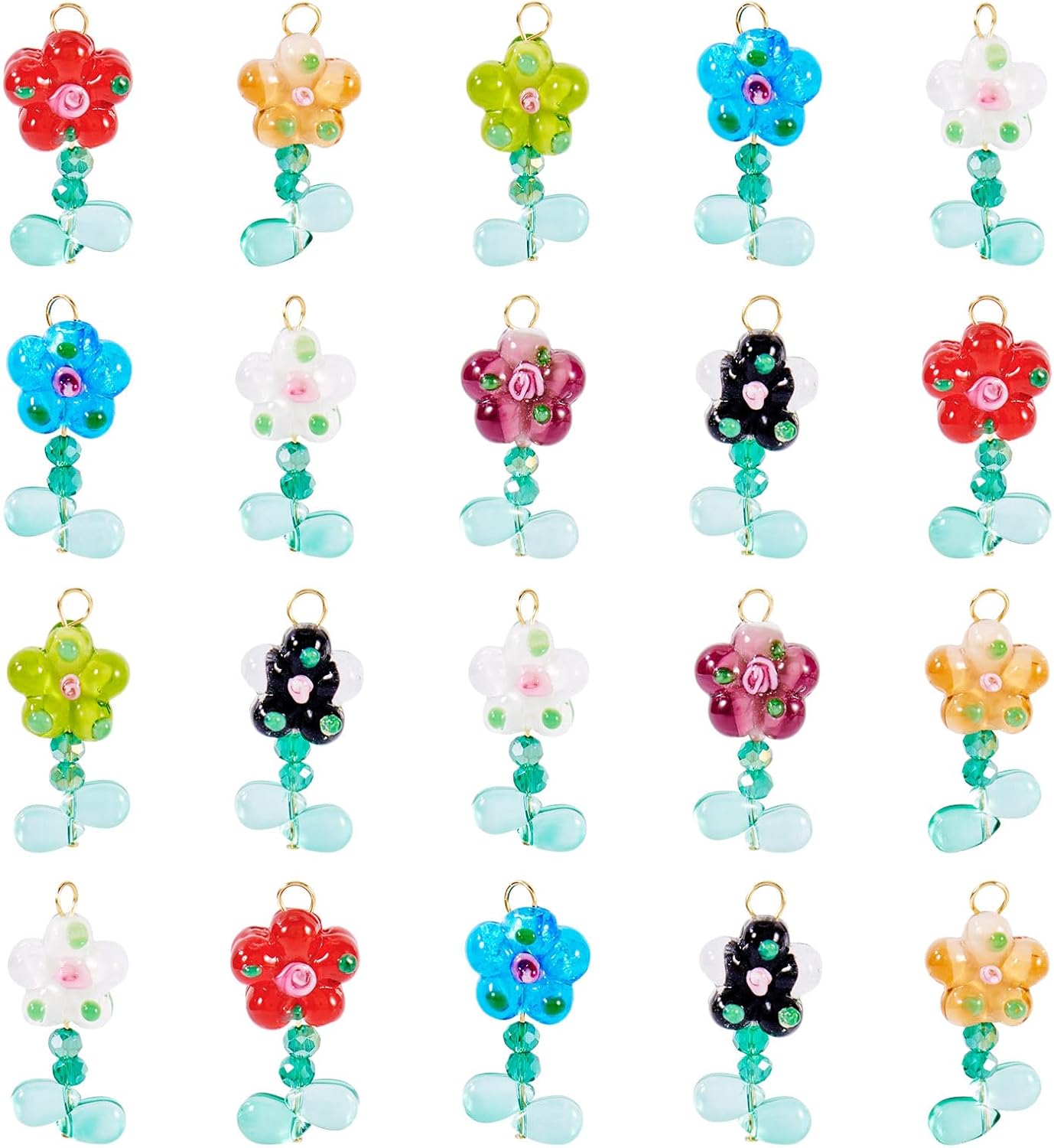 KISSITTY 20Pcs Glass Flower Pendants Crystal Floral Charm Mixed Color Bulk Spacer Beads Assorted Opaque Dangle Charms for DIY Bracelet Necklace Earring Jewelry Making