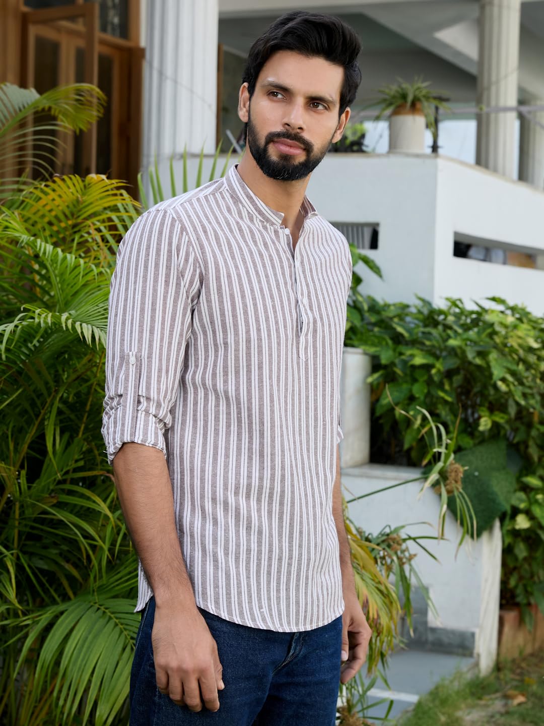 See Designs Men's Roll-Up Sleeve Mandarin Collar Brown Woven Striped Cotton Short Kurta - Sdkt2953S
