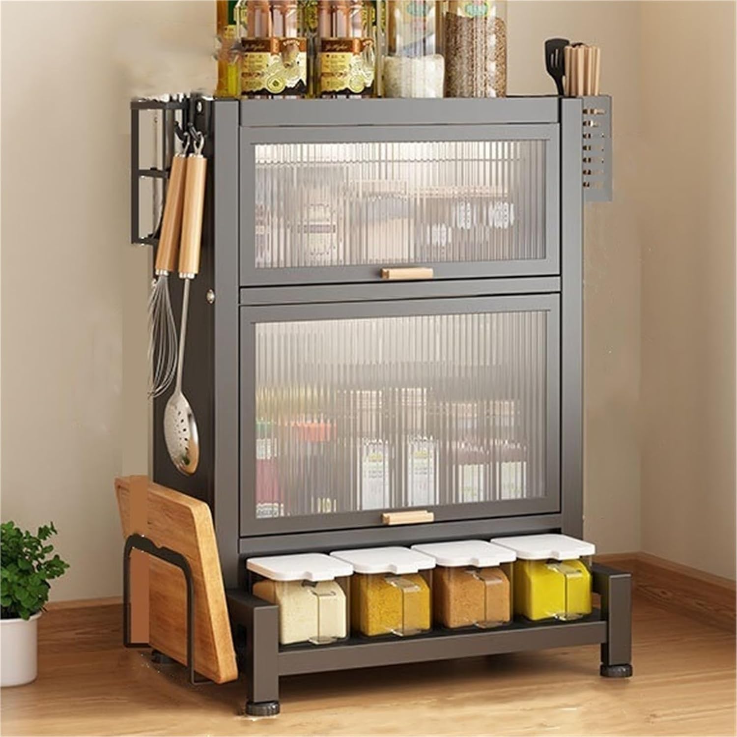 Home Furnishing Seasoning Bottle Storage Box Spice Rack Kitchen Countertop Storage Cabinet Pantry Sideboard Freestanding Counter Storage Organizer for Kitchen Living Room(Black,41cm)