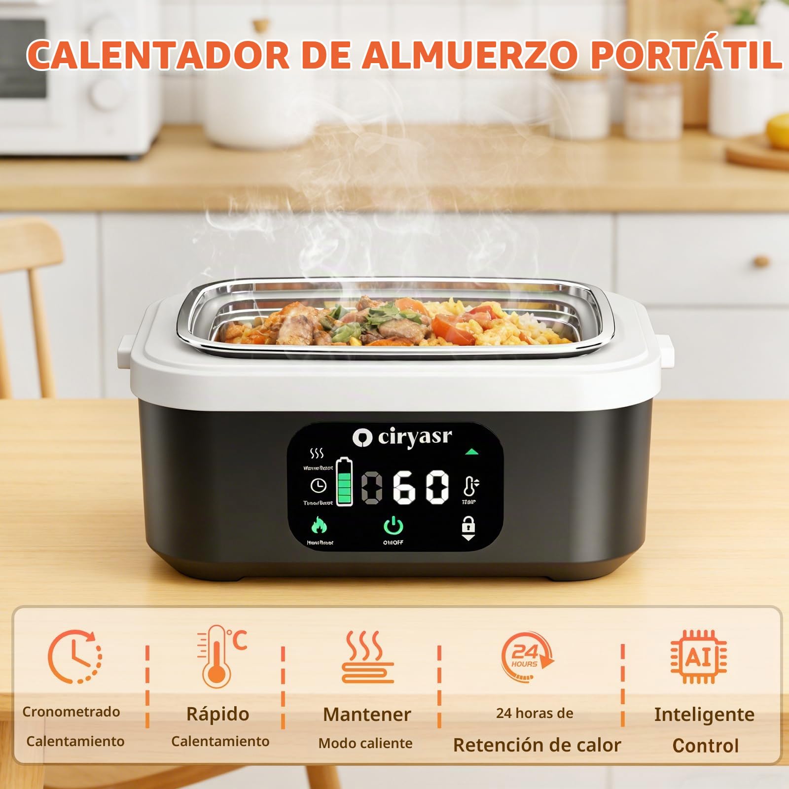 Fiambrera Eléctrica Inalámbrica, Taper Electrico para Comida con Calentamiento Programado, Lunch Box Adultos de 1,35 L, Calentador Portátil con Bolsa Isotérmica, Apto para uso en exteriores