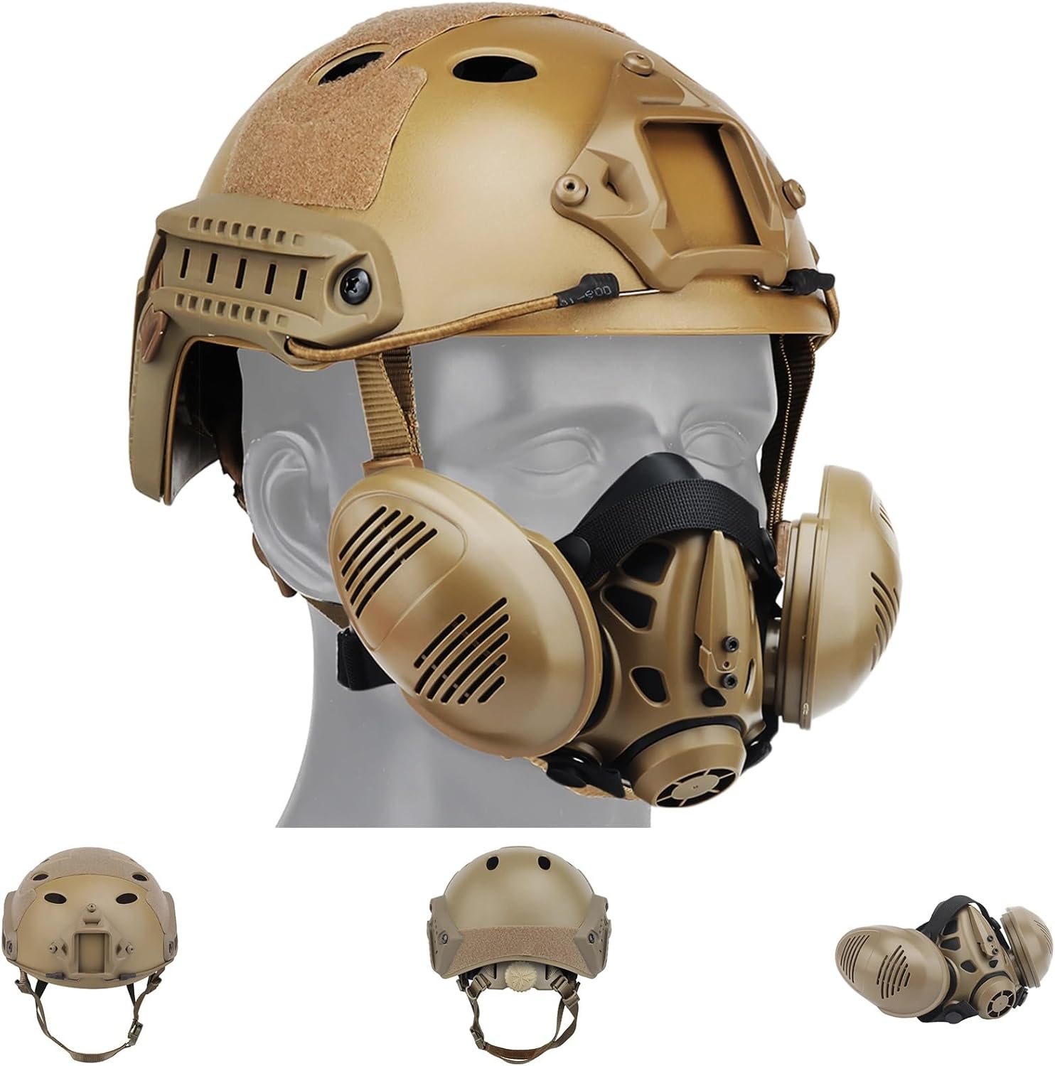 PJ Type Airsoft Helmet Set with Tactical Mask & Side Rails - Tactical Gear for Paintball Hunting Shooting Training