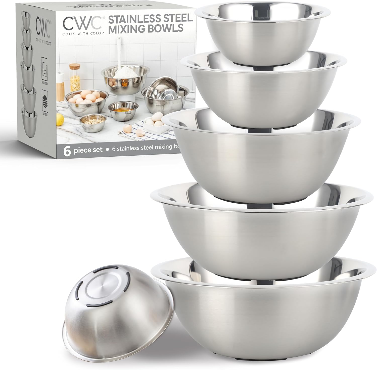 COOK WITH COLOR Stainless Steel Mixing Bowls Set - Nesting Bowls, 6 Pieces, Silver - Thumbnail 5