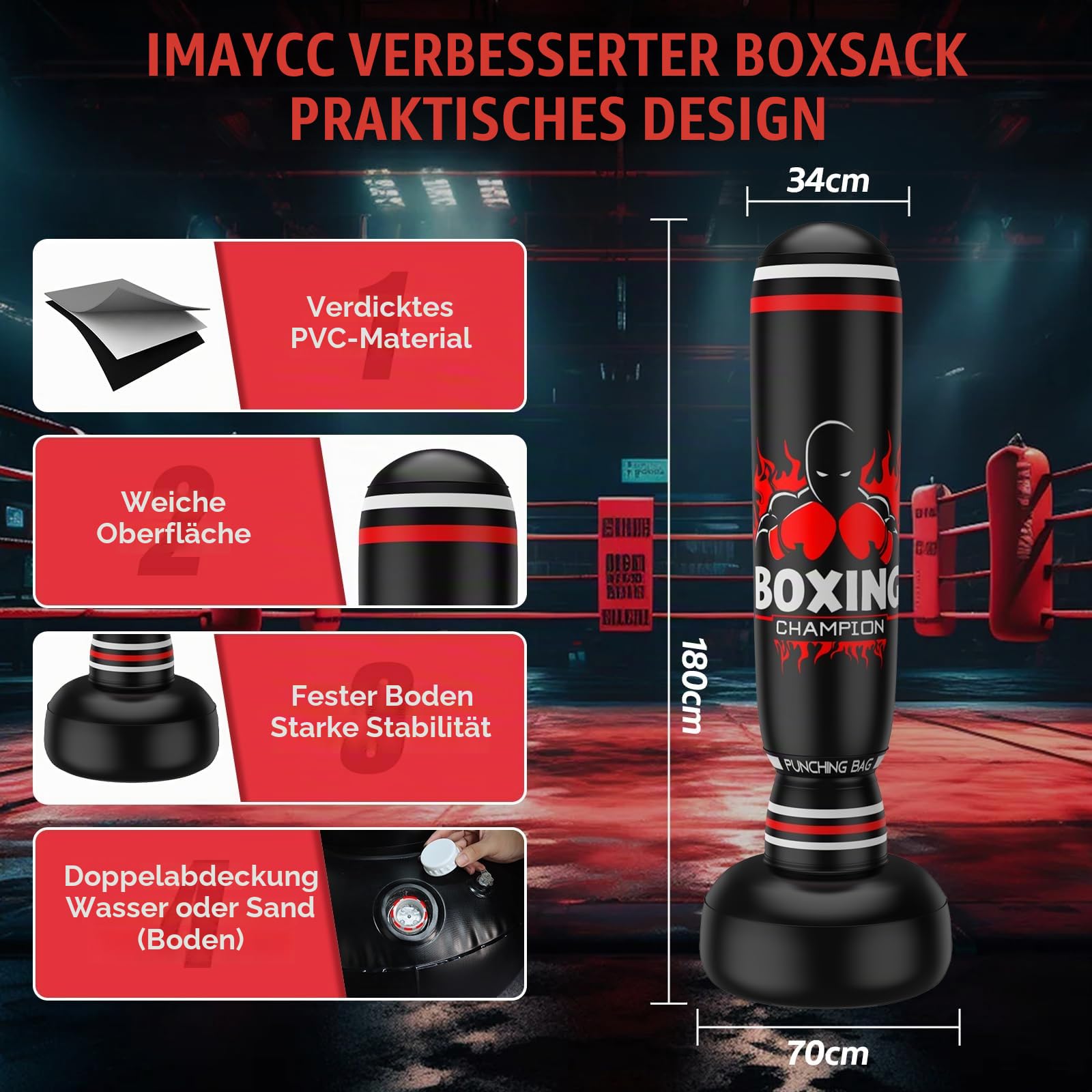 IMAYCC Boxsack Stehend Erwachsene&Kinder, Mit PU Boxhandschuhe, Upgrade Verdickt 180CM Hochwertiges PVC Boxing Bag für Teenager, Punching Bag für Muay Thai, Taekwondo,MMA,Box Training,Sandbag Fitness.