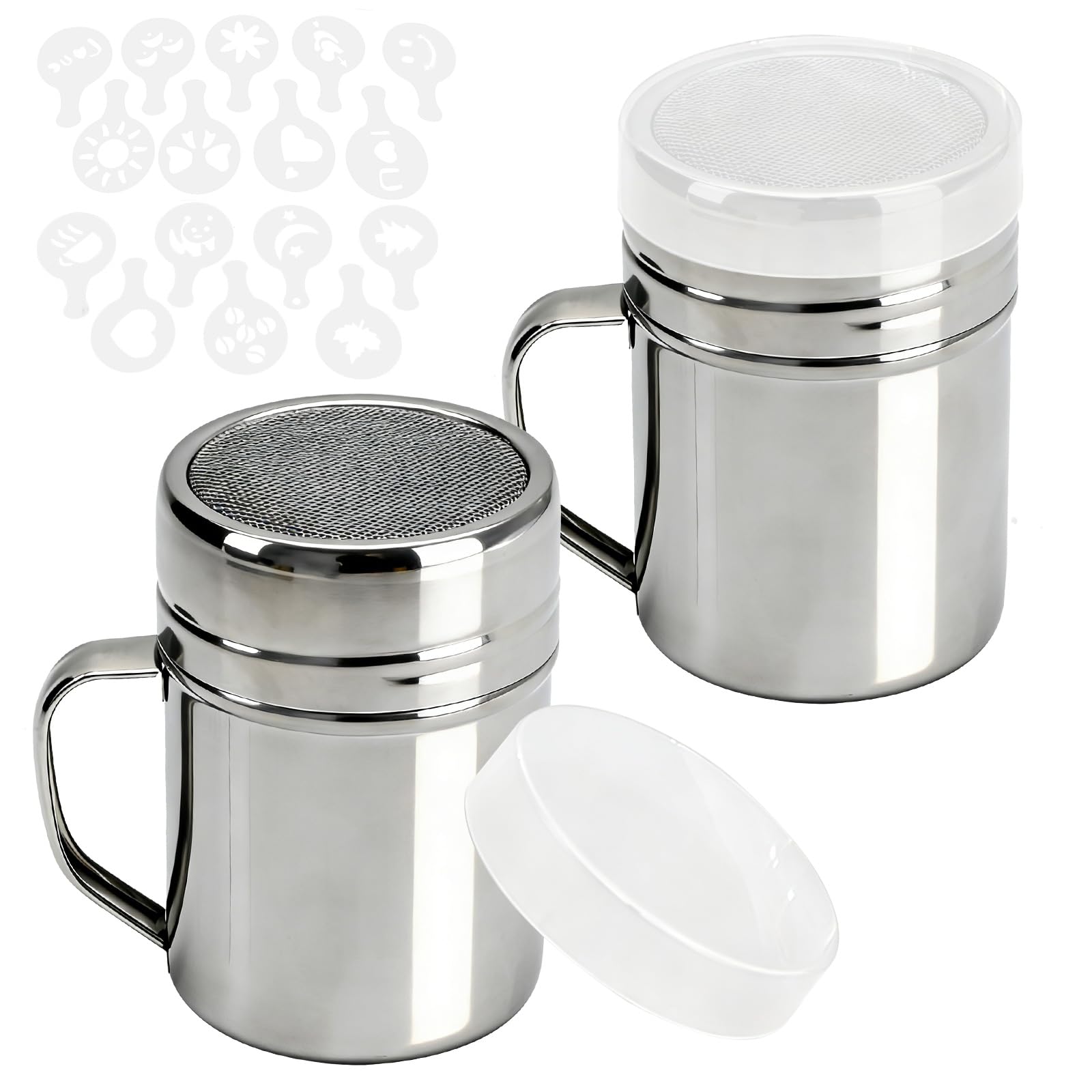 Hoypeyfiy 2 PCS Stainless Steel Powder Shakers with Handles, 10oz Capacity and 16 Printing Molds, Ideal for Sugar, Cocoa, and Spices in Baking and Coffee (Round)