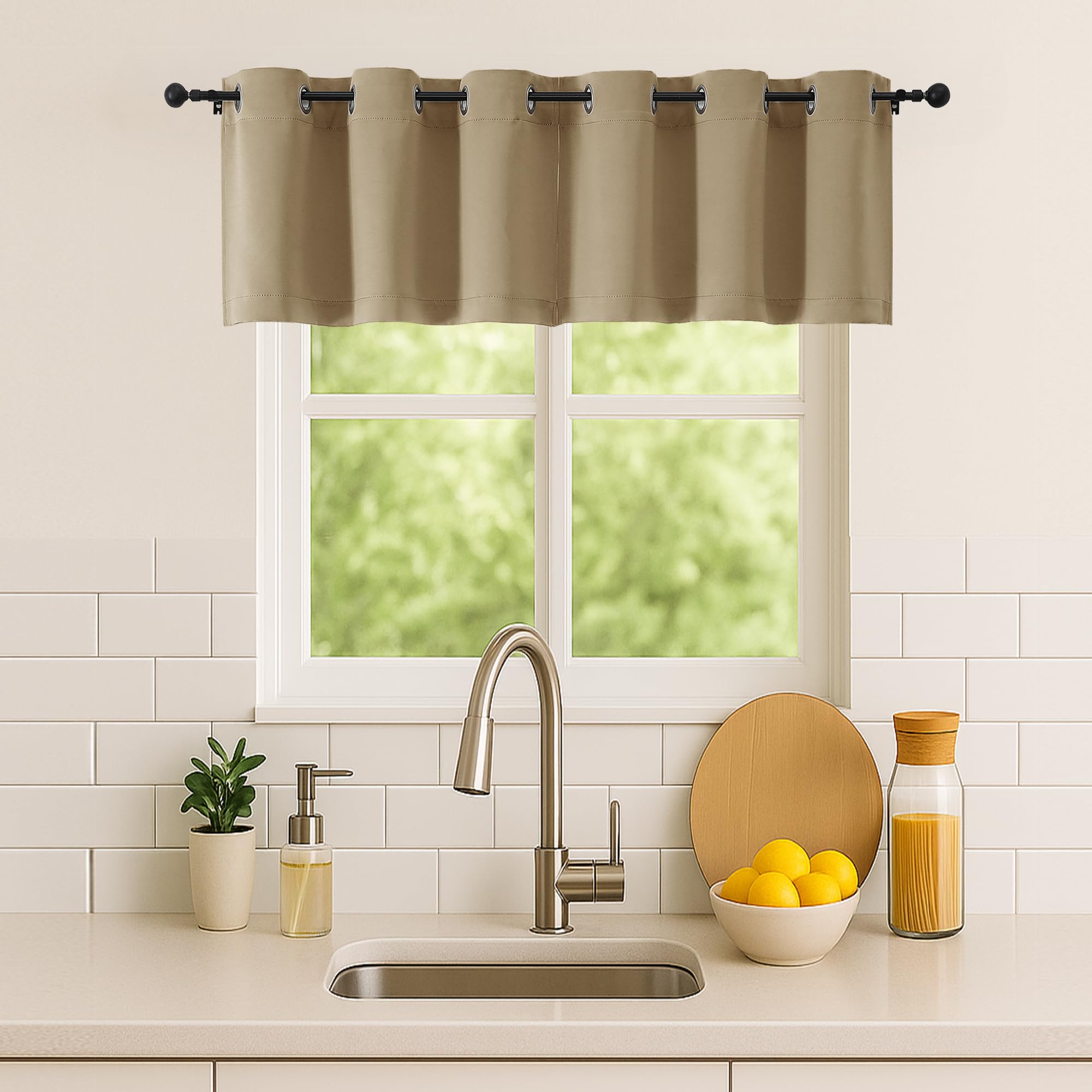 Simplebrand Taupe Kitchen Valances for Windows 18 Inches Long 2 Pack, Room Darkening Window Valances for Living Room, Grommet Short Straight Drape Kitchen Curtains for Bedroom Kids Room, 40Wx18L