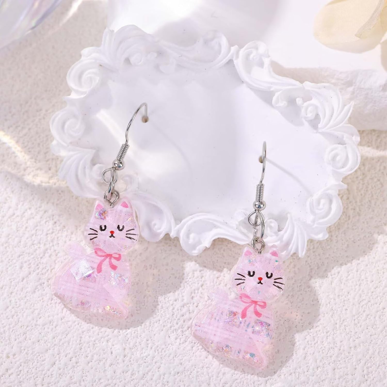 Todu Cat Earrings Cute Bow Pink Leopard Print Cat Earrings for Women Cartoon Acrylic Drop Dangle Birthday Party Jewelry - Image 2