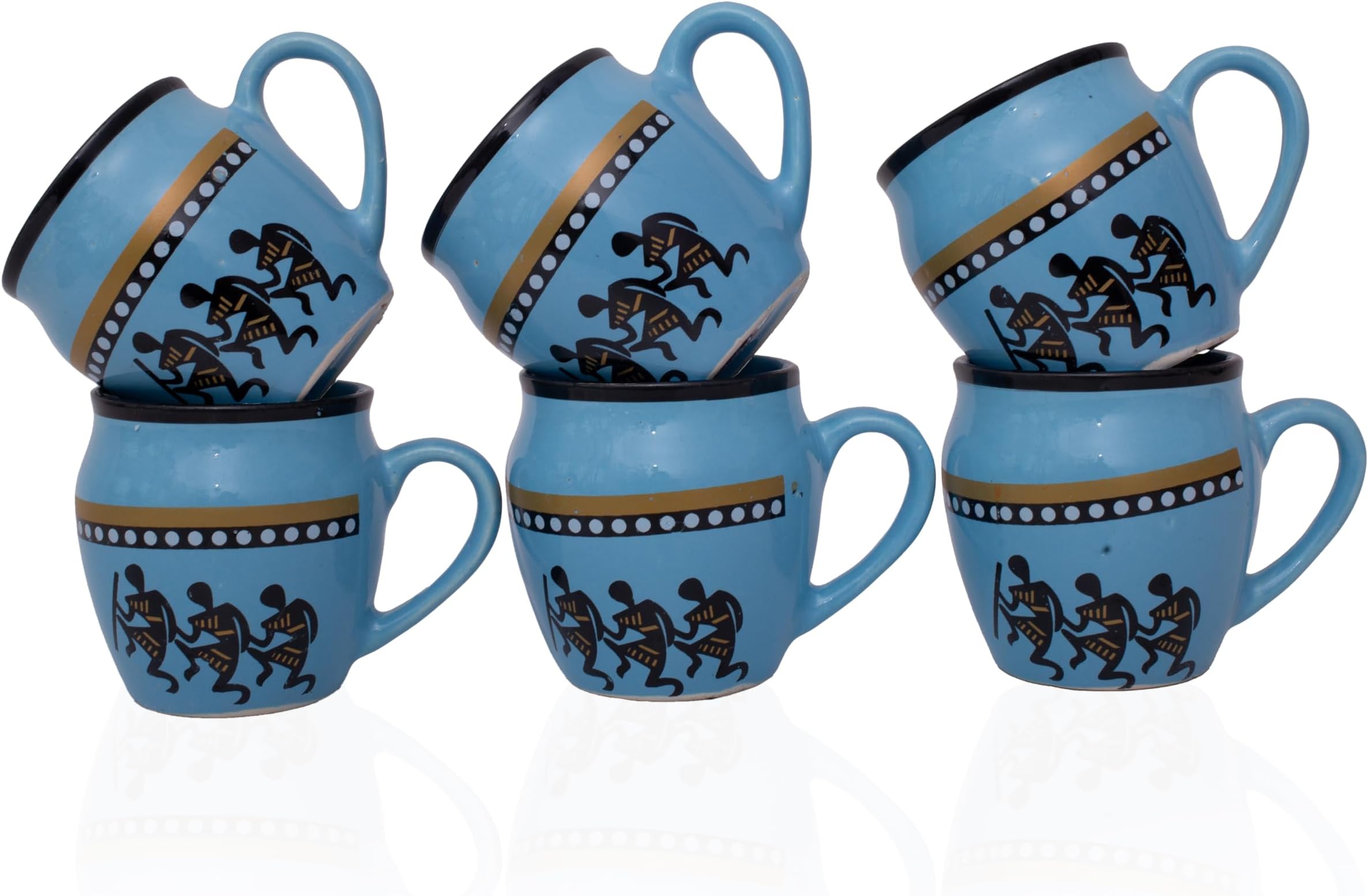 Handmade Traditional Kulhar Kulhad Chai Tea Coffee Mug Cup Cantaritos Set of 6 Glazed Earthenware Glossy Finish Clay Terracotta Artisanal Studio Pottery Mud Brown Food Safe Natural Rustic Eco-Friendly