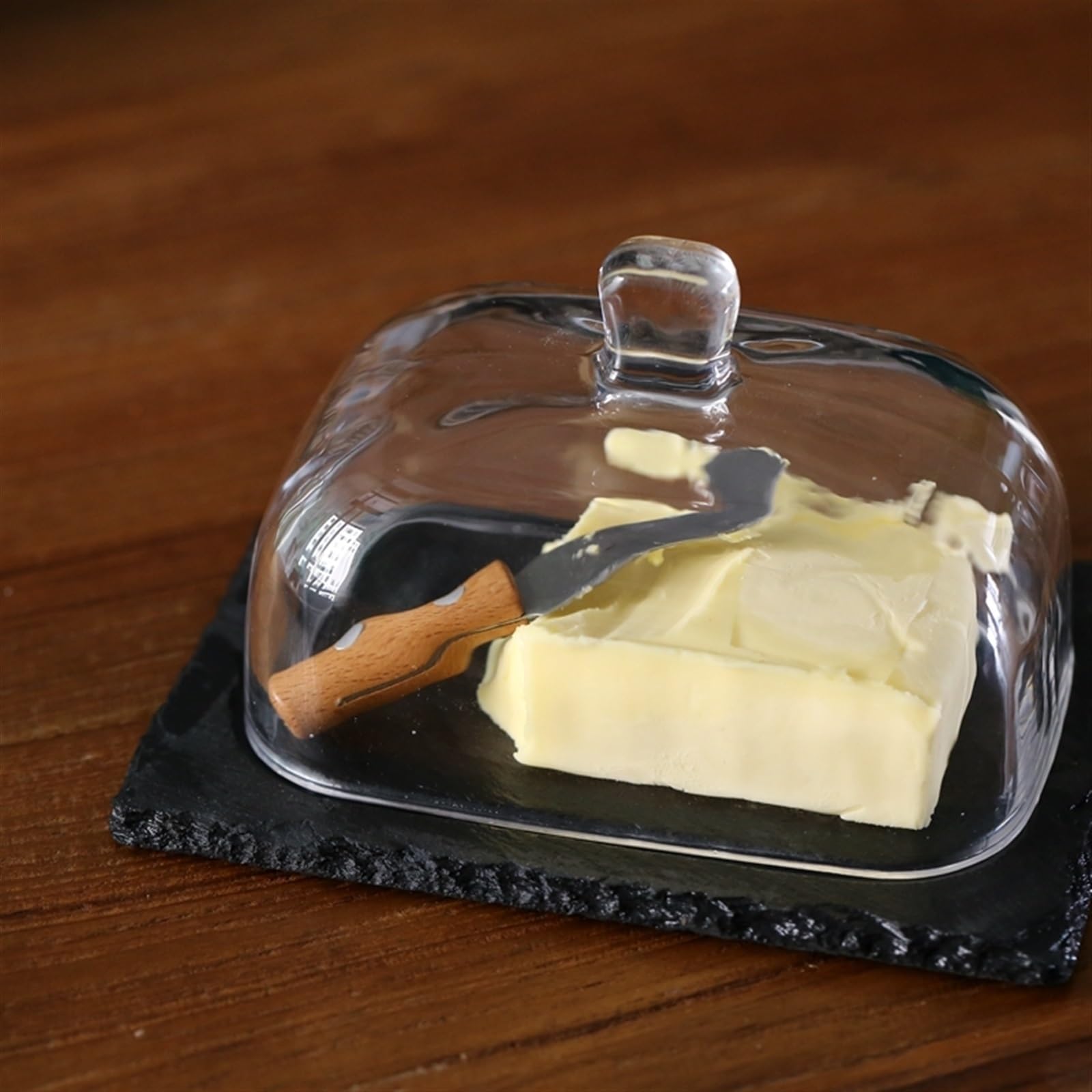 Burriere Coperchio in vetro trasparente Piatto for burro Piatto da dessert for formaggio Contenitore for frutta e verdura da cucina Contenitore for burro Piastra in lastra di roccia Contenitore per Bu