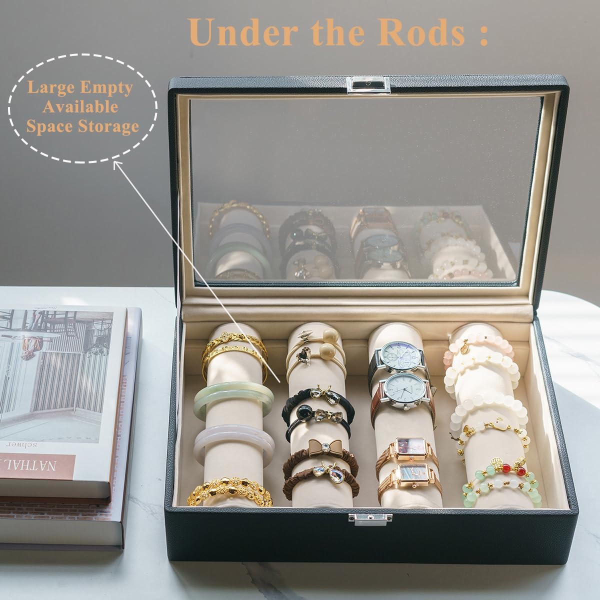 Bracelets Organizer Rods Bangles Display Holder, Clear See through Lid Leather Velvet Jewelry Storage Box Case for Women, 4 Rods Black Leather