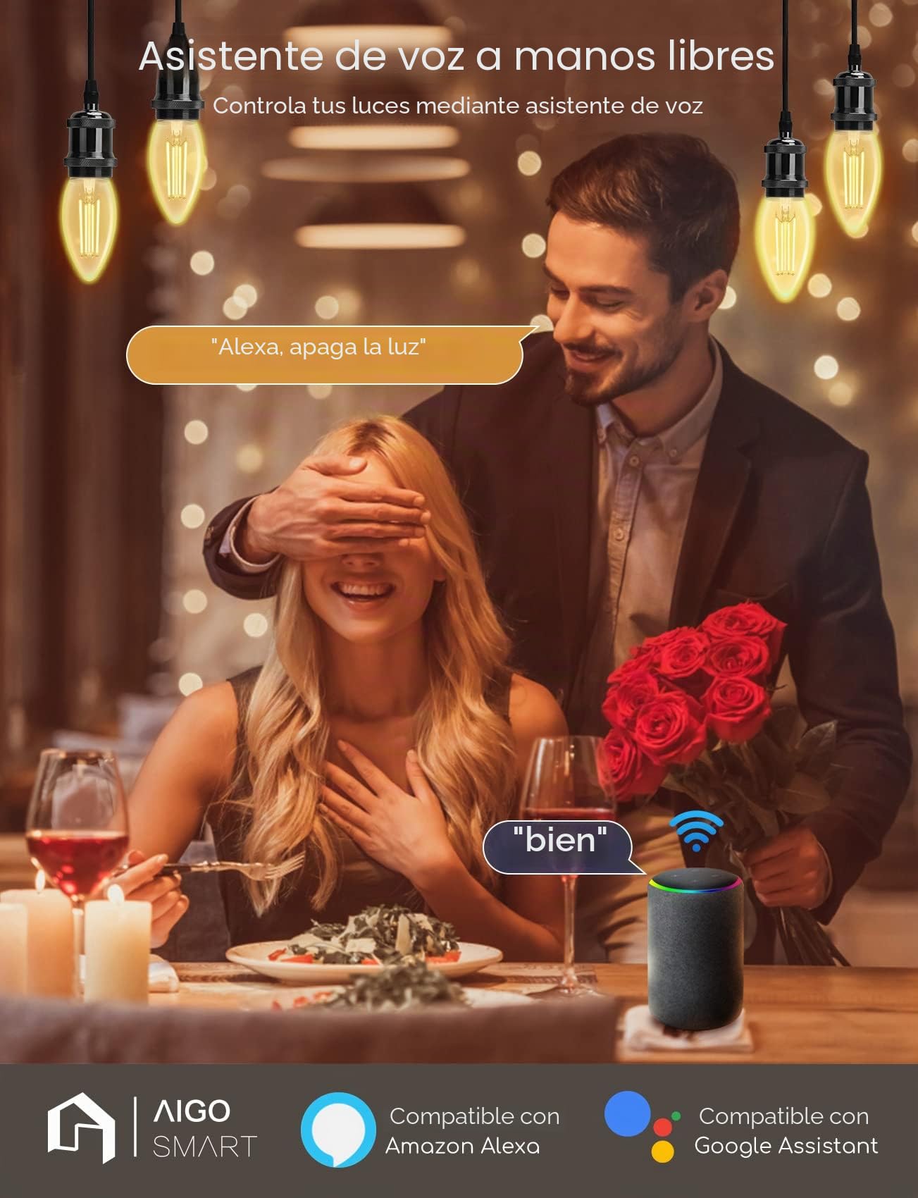 Aigostar Edison Bombillas Alexa LED E14 Bombillas Inteligentes 4.5W 470LM WIFI Bombilla Vintage C35 Bombillas Filamento Regulable 2700K-6500K, compatible con Alexa/Google Home. transparente 10 pack