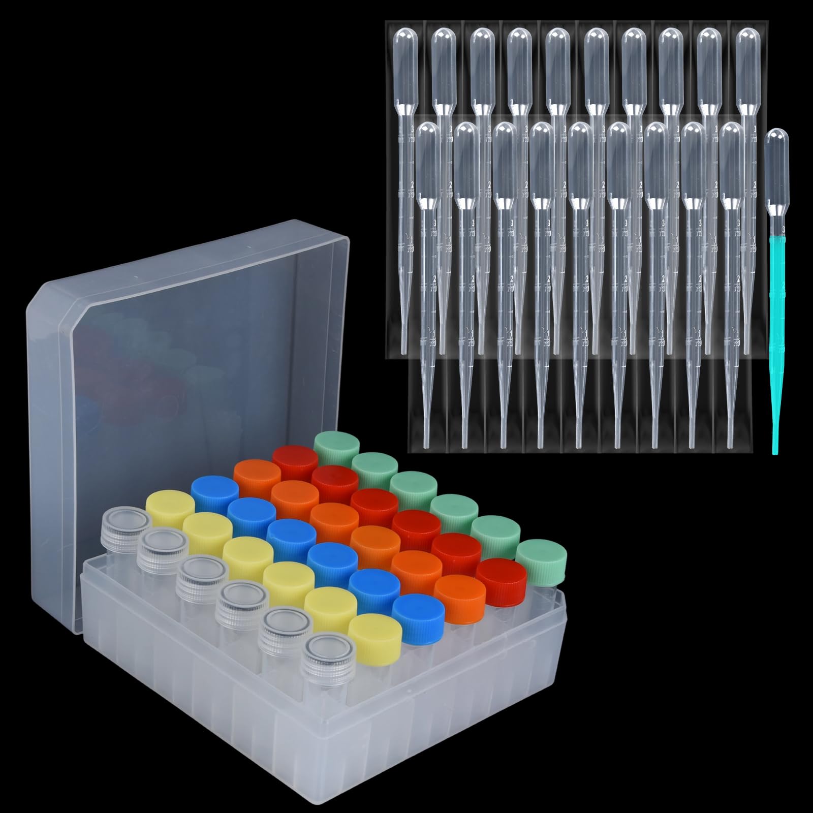 36 viales de 5 ml con tapas, tubos de ensayo criogénicos de plástico con tapas, crioviales de laboratorio con 20 pipetas cuentagotas de 3 ml