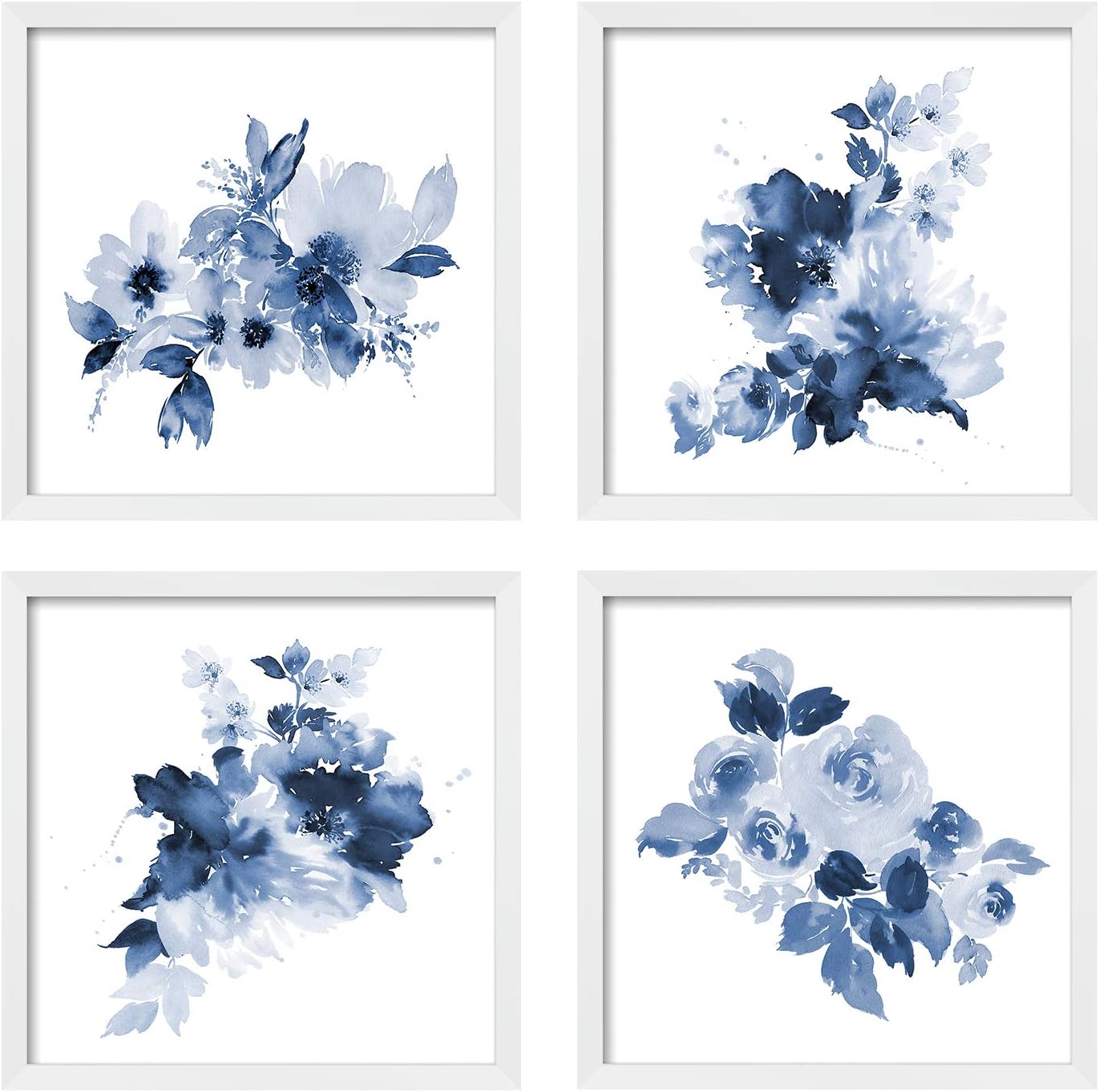 ArtbyHannah Framed Bathroom Wall Decor, Navy Blue Wall Art with White Frame and Watercolor Floral Prints Pictures for Kitchen Bedroom Home Decorations (4 Pack, 10x10 Inch)