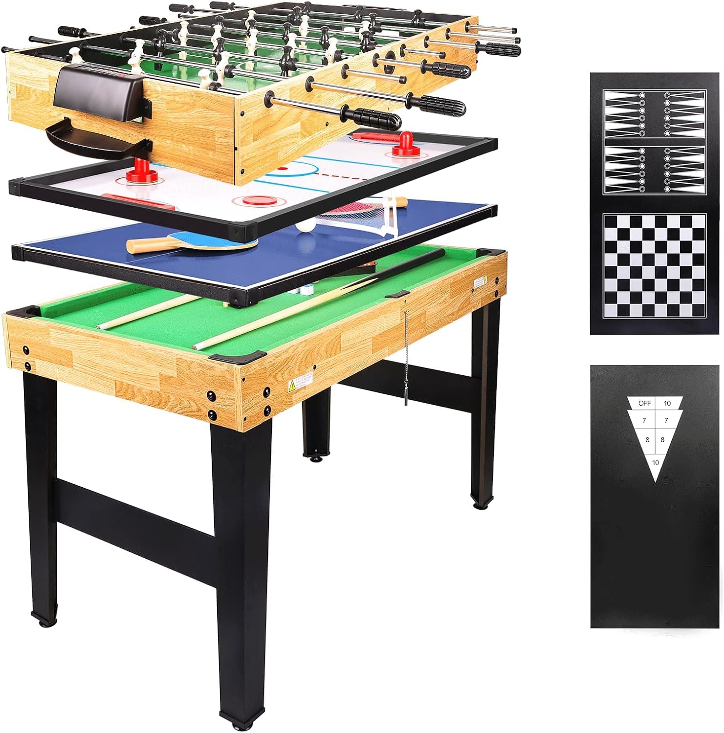 hotsizz 10-in-1 Multi-Spieltisch mit Tischfußball, Tischtennis, Billardtisch, Air Hockey und mehr, 121 × 61 × 73 cm, geeignet für Erwachsene und Kinder.