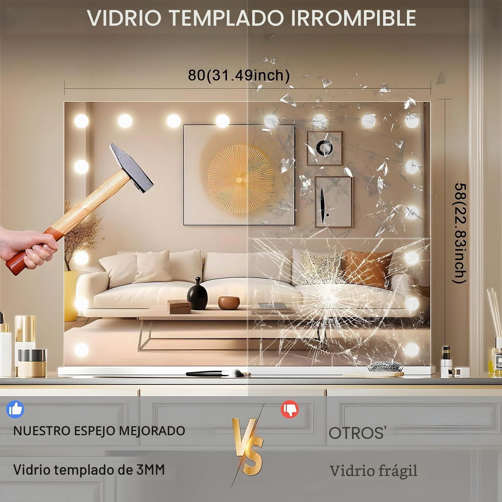 Hansong Hollywood - Espejo con Bluetooth (80 x 60 cm, con 18 Bombillas LED, Espejo, 3 Colores