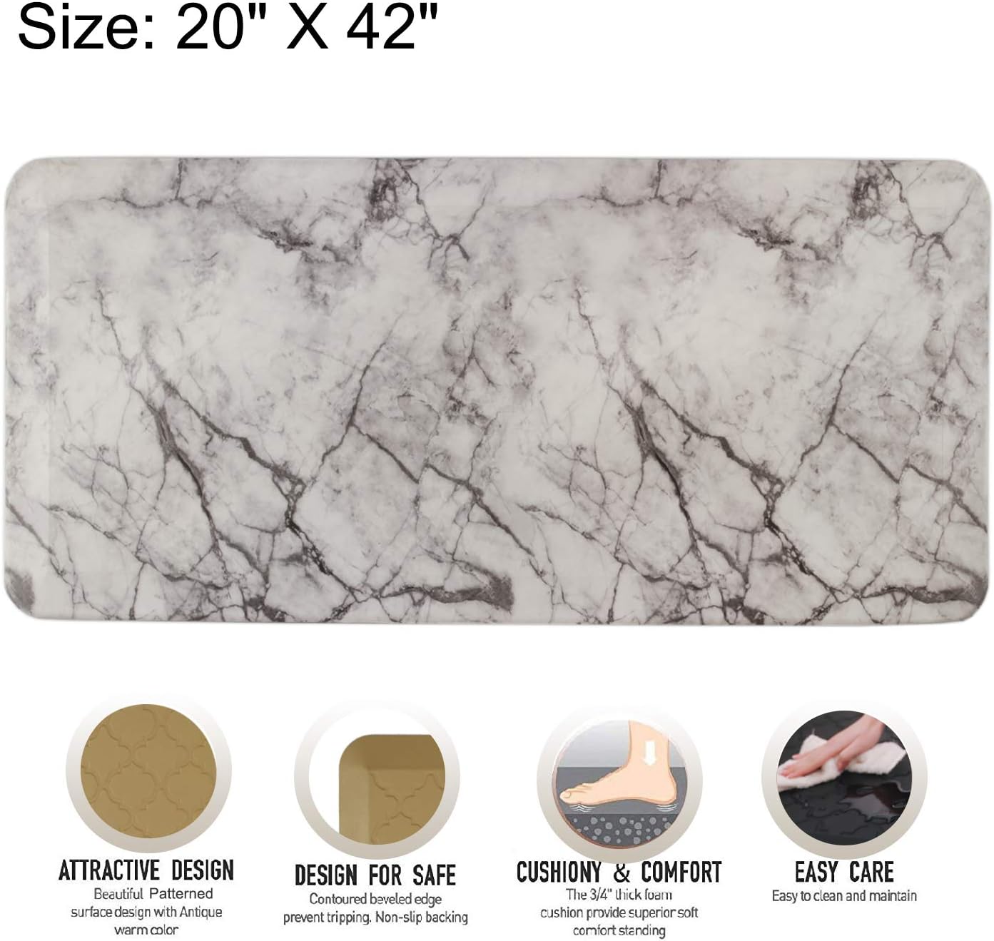 Anti Fatigue PVC Kitchen Mat, 3/4" Thick Marble Print Kitchen Rugs and Mats Cushioned Anti-Fatigue, Comfort Floor Mat, Ergonomically Designed for Kitchen Office Standing Desk, W20 x L42, White