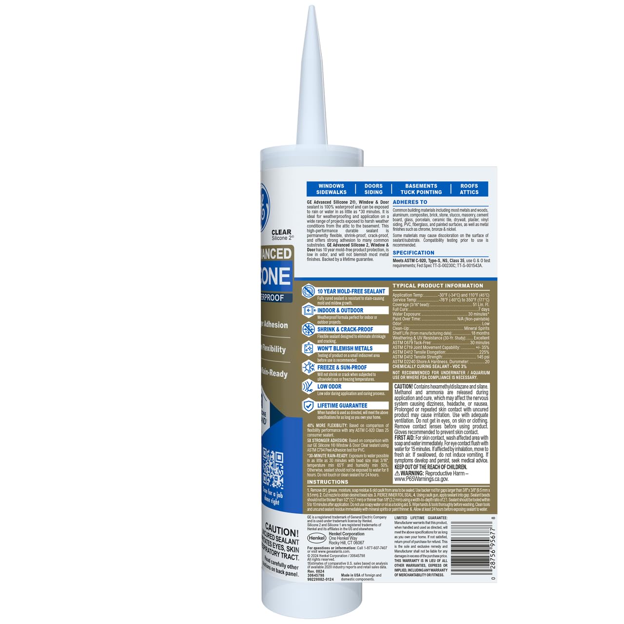 GE Advanced Silicone Caulk for Window & Door, Clear, 10 fl oz Cartridge, 1 Pack - 100% Waterproof Silicone Sealant, 5X Stronger Adhesion, Shrink & Crack Proof