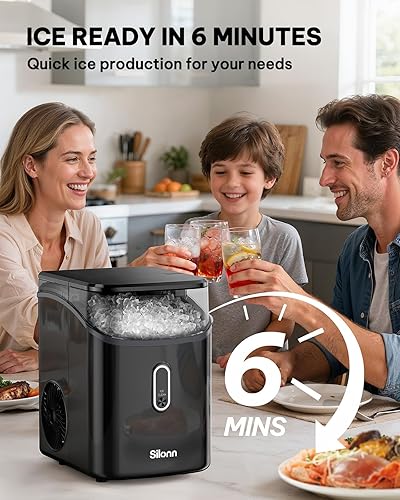Vista 2 de Silonn Nugget Máquina de hielo para encimera, máquinas de hielo de guijarros con hielo masticable suave triturado, 33 libras por día con pala