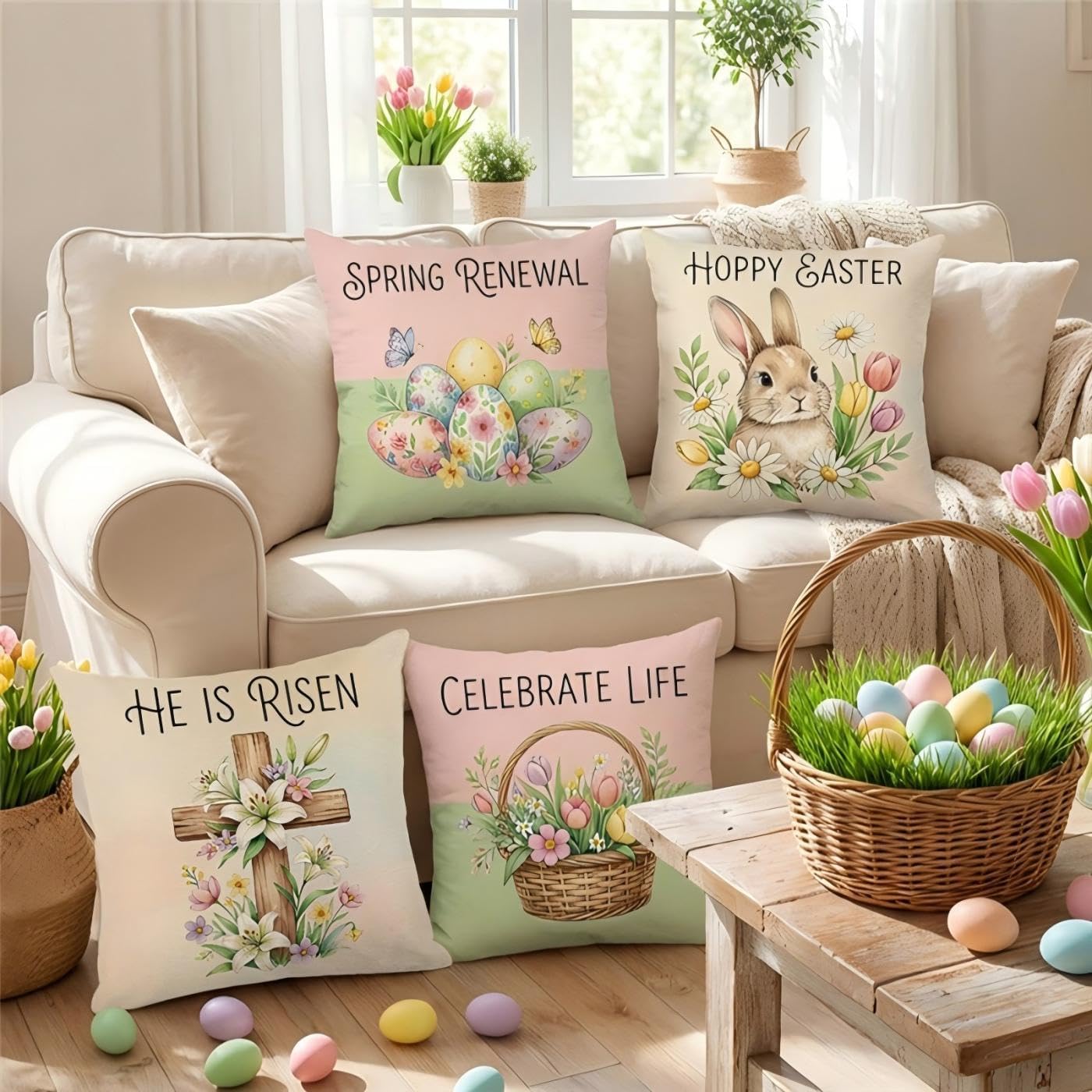 Easter Pillow Covers 18x18 Set of 4, He is Risen Decor with Bunny Floral Eggs Pattern, Spring Farmhouse Holiday Decorations for Home Couch