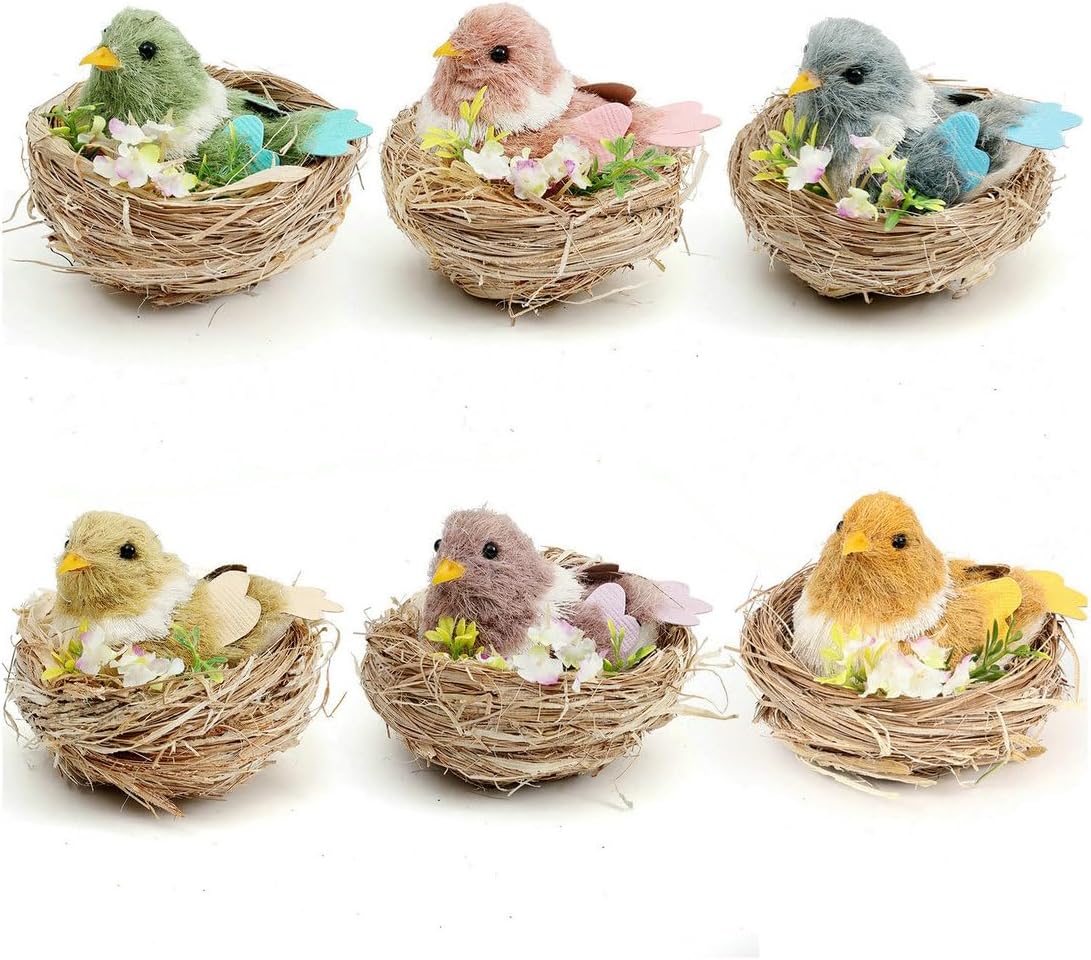 naturevibe Sisal Bird Nest Easter Decor,Set of 6 Multicolor Birds Nest Figurines for Spring Home Decor, Lifelike Bird Figurine w Flowers in Nests as Easter Decorations