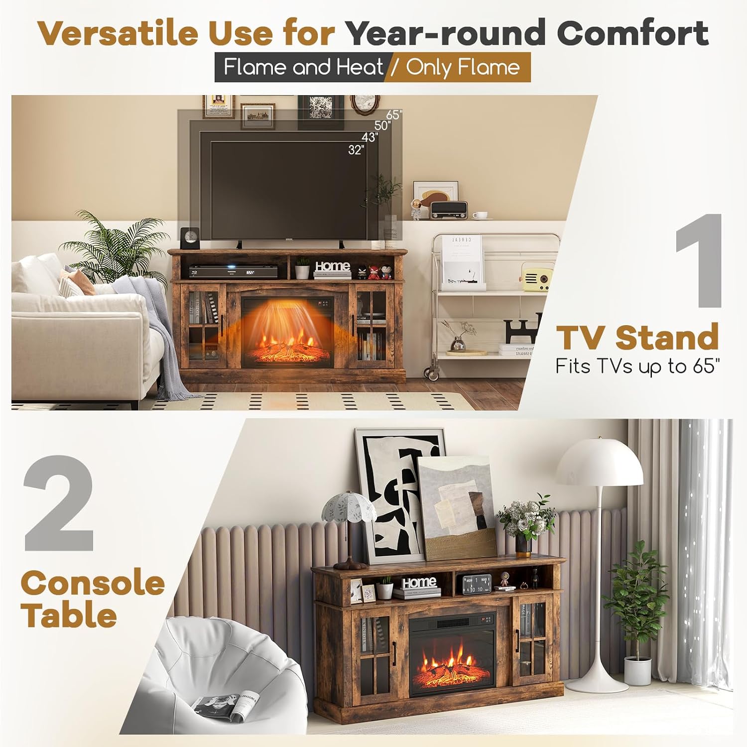 RELAX4LIFE Electric Fireplace TV Stand for TVs up to 65’’, Media Entertainment Center w/23’’ Fireplace Insert, 3-Level Flame, Remote Control & Storage Cabinet, TV Console Table for Living Room (Brown)