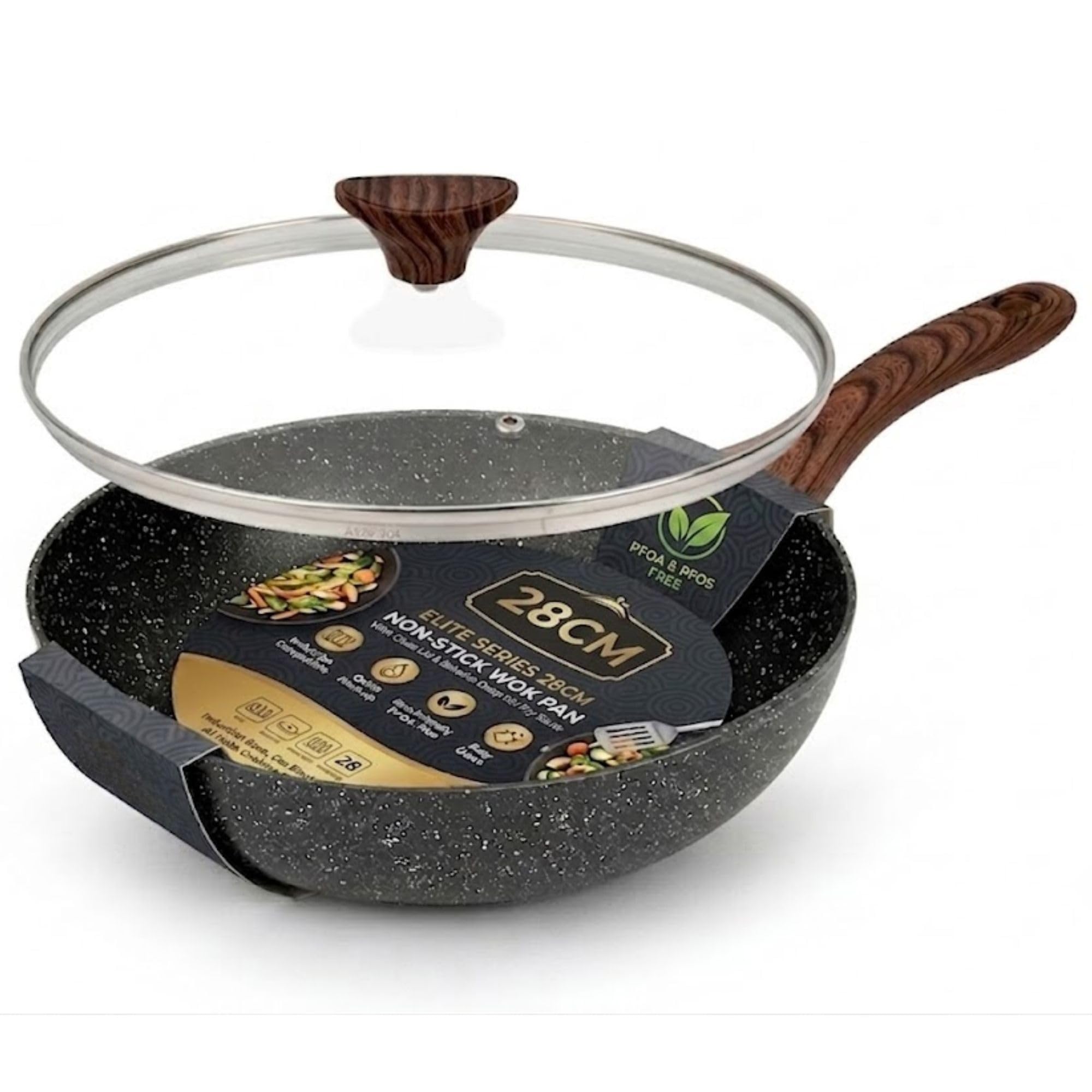 Suprano 28cm Non-Stick Deep Stir Frying Pan with Glass Lid, Wok/Saute Pan Stay-Cool Handle, Egg Omelet Fry Pan, Black Marble Effect for All Hobs (11inch)