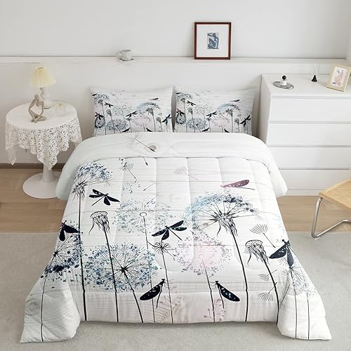 Manfei Juego de edredón de diente de león, tamaño Queen, juego de ropa de cama bohemio de libélula de 3 piezas para niños y niñas, decoración de