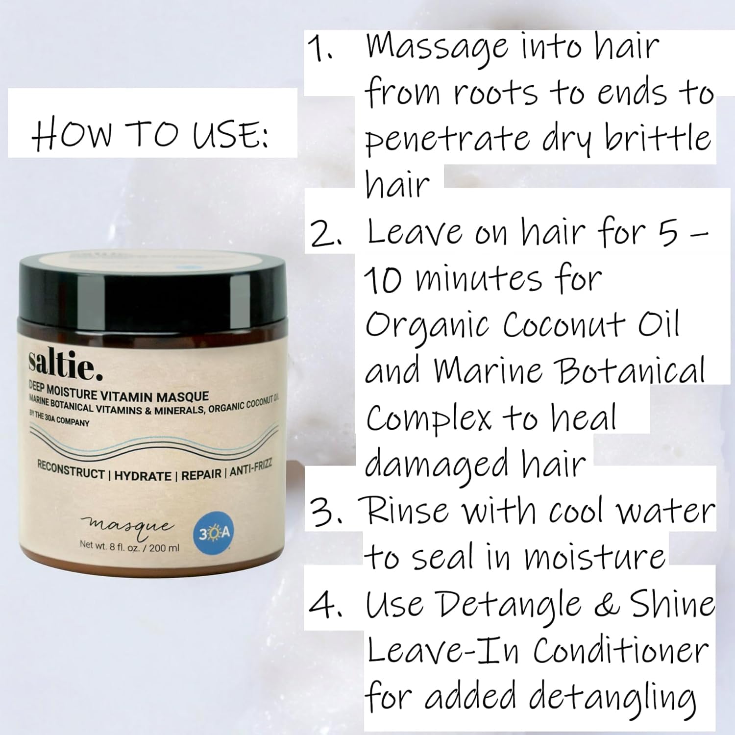 Deep Conditioning Moisture Vitamin Hair Mask with Organic Coconut Oil - Restores Dry Damaged - Repairs damage - reduces frizz - improves scalp circulation - Silicone Free - Image 2