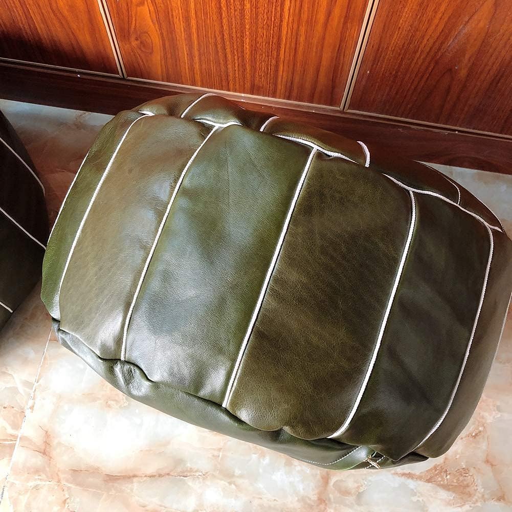 Pouf Cover, Moroccan Footstool Comfort Cushion Pouffe Unstuffed Round Leather Bean Bag Chair Footrest Soft Storage Solution-Green Tea 58x30cm,Dark Green-58x30cm(23x12inch)