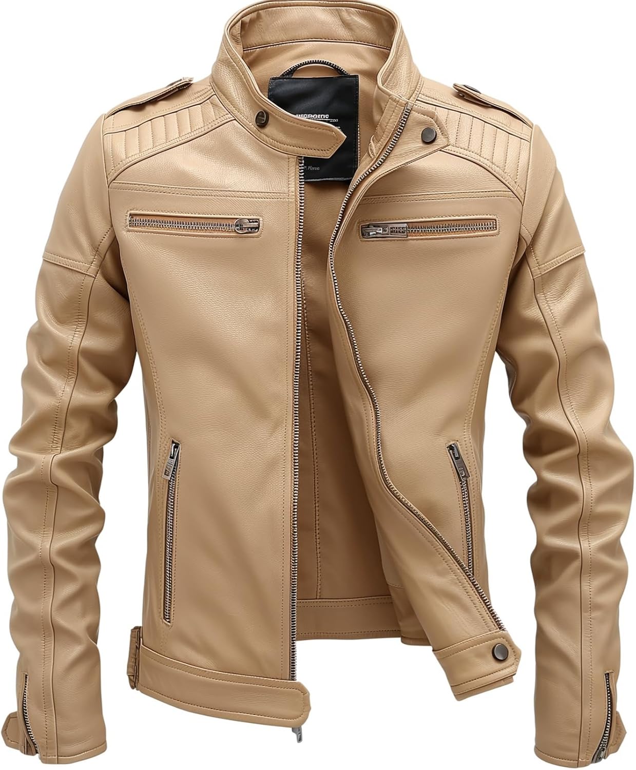 Men's Vintage Style Slim Fit Center Zip-Up Motorcycle Biker Leather Jacket in Beige Color, Premium Quality (US, Alpha, Medium, Regular, Regular, Beige)