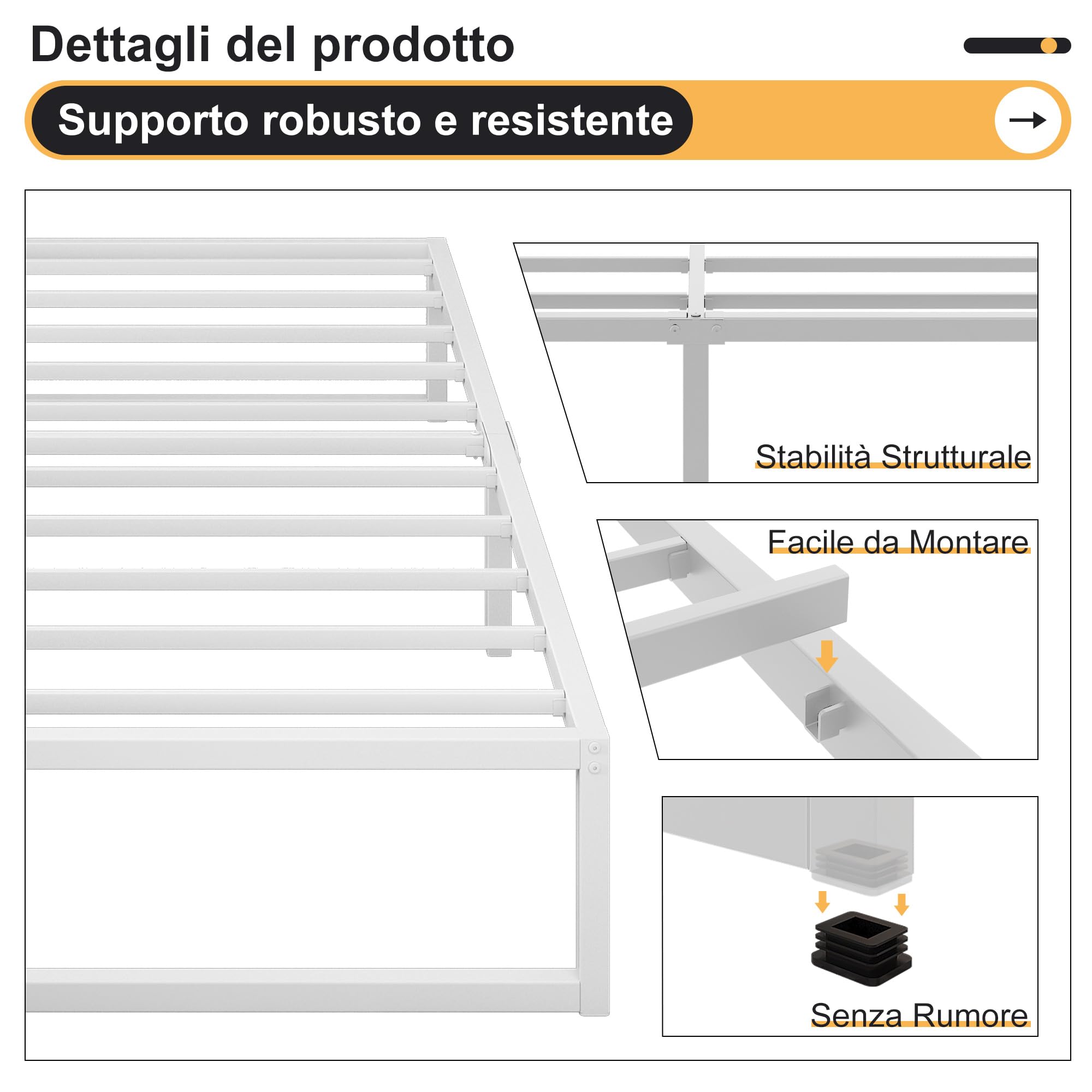Yicensen Struttura Letto Singola 80x190 cm, Struttura Letto in Metallo, Supporto Solido, Facile da Montare, Design Silenzioso, Stile Moderno e Minimalista, Altezza 41 cm, Bianco