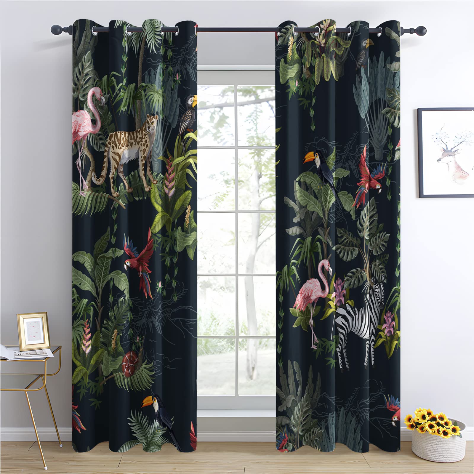 Rideau Occultant, Motif Animaux Jungle Tropical - Rideaux Thermiques Imprimé pour Salon Chambre Fenetre, Lot de 2 Rideaux et Draperies Intérieurs à Oeillets, 110x215 cm (L x H)