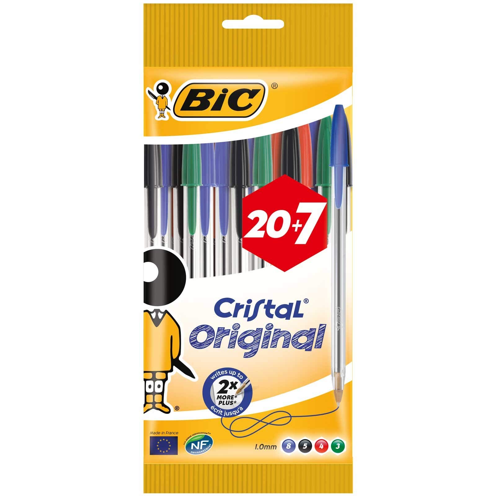 BIC Cristal Original Bolígrafos Punta Media (1,0 mm) – Colores Surtidos, Blíster de 20+7, para escritura suave, certificados con etiqueta ecológica