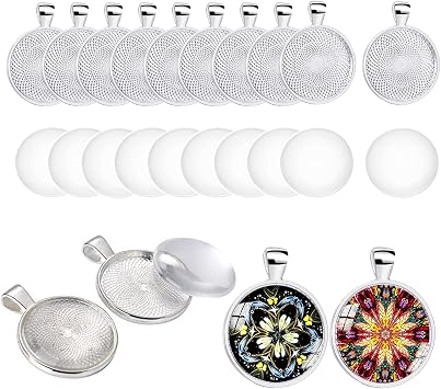 HERZWILD 20 Set Silver Plated Round Bezel with Glass Cabochons 25 mm Alloy Tray Charms Bulk Blanks Bezel Pendant Trays Set for Photo Pendant Resin Craft Jewelry MakingSilver