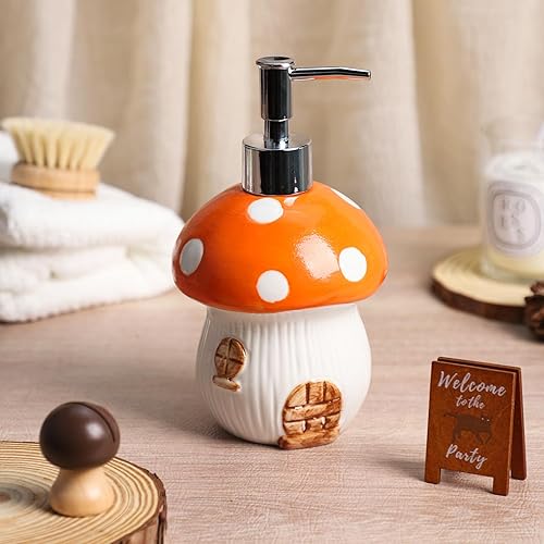 Miniatura 3 de Gaolinci Dispensador de jabón de manos de cerámica de 15 onzas, dispensador de jabón líquido para baño con bomba a prueba de fugas, hongo naranja