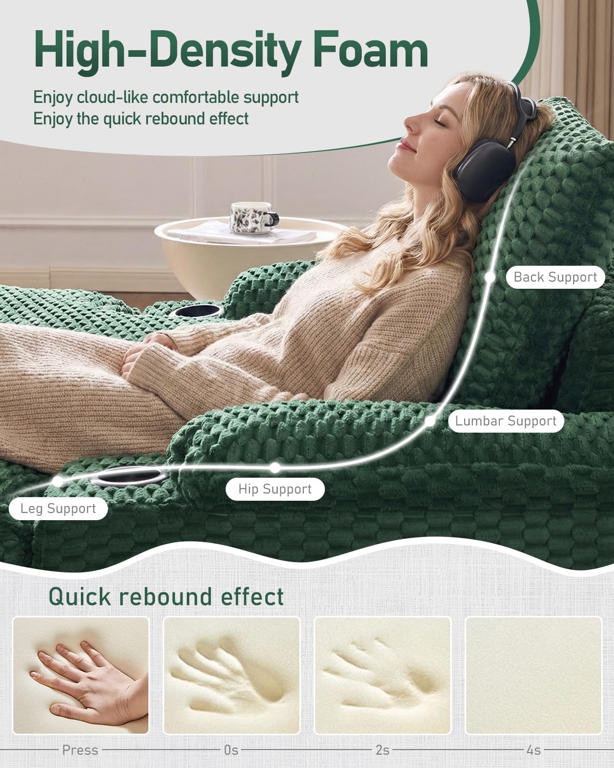 Karl home 50.6" Oversized Chaise Lounge Chair Indoor, Corduroy Sofa Bed with Removable Washable Cover & Cup Holders, Deep Seat Single Sleeper, No Assembly Required for Living Room, Dorm, Office, Green