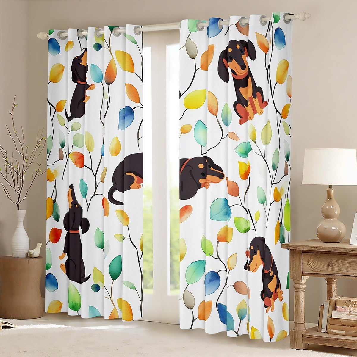 Erosebridal Cute Dachshund Curtains for Kids Child Hippie Floral Blackout Curtains, Cartoon Dog Theme Curtains & Drapes Watercolor Leaves Bedroom Curtains, Chic Flower Window Treatments