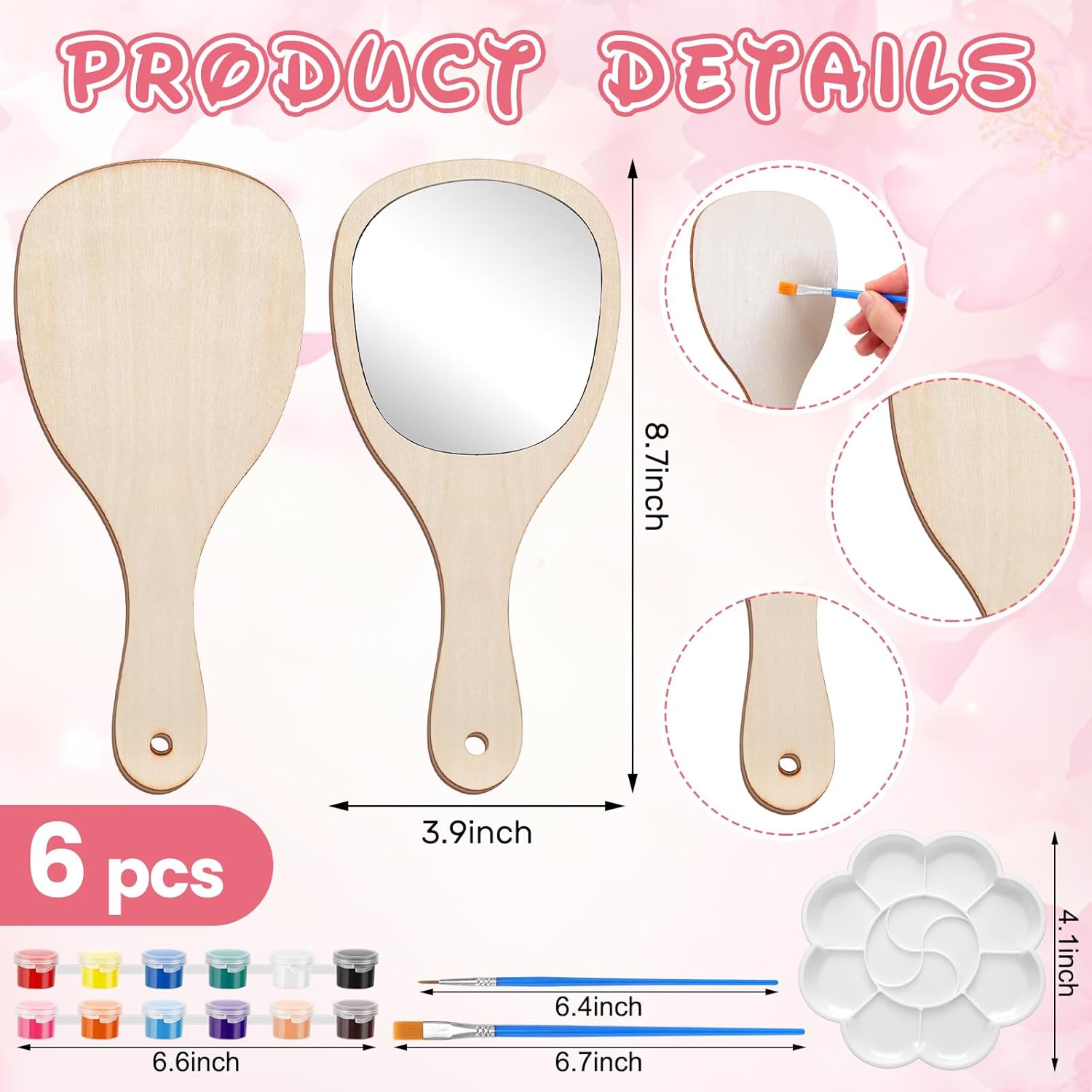 Novabright 6 Set DIY Wooden Painting Hand Mirror Crafts Kits for Women Decorate Your Own Handheld Mirror with Paint Brush and Palette for Birthday Gift Princess Themed Party Supplies