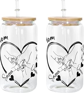 Personalized Mom Heart Hold Hand Glass Can With Lid For Women, Custom Name Iced Coffee Cup with Lid for Grandma Mom Wife, Mother's Day Gifts From Daughter Son Kids, Glass Tumbler For Mom